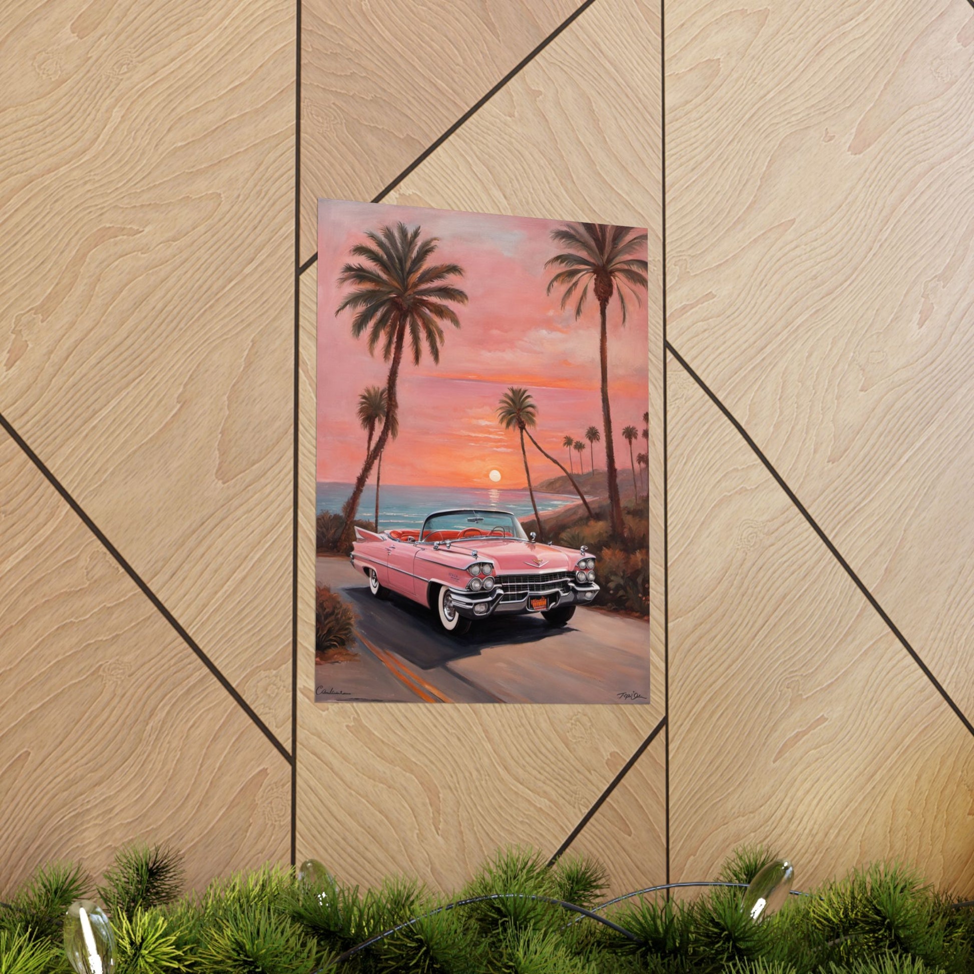 Retro Sunset Poster featuring a classic car and palm trees against a vibrant sunset backdrop