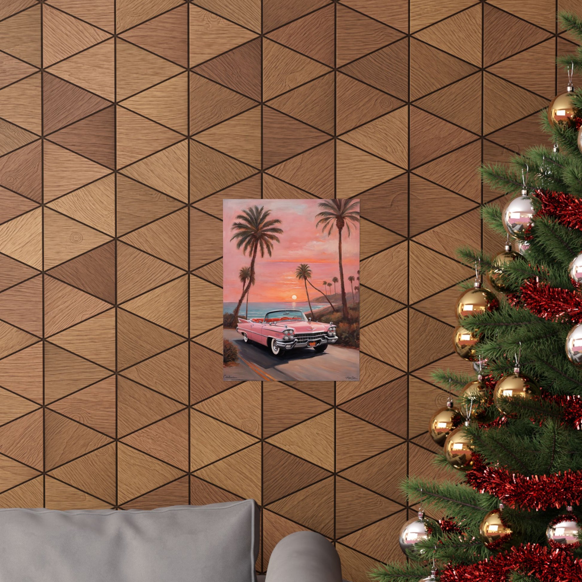 Retro Sunset Poster featuring a classic car with palm trees against a sunset backdrop