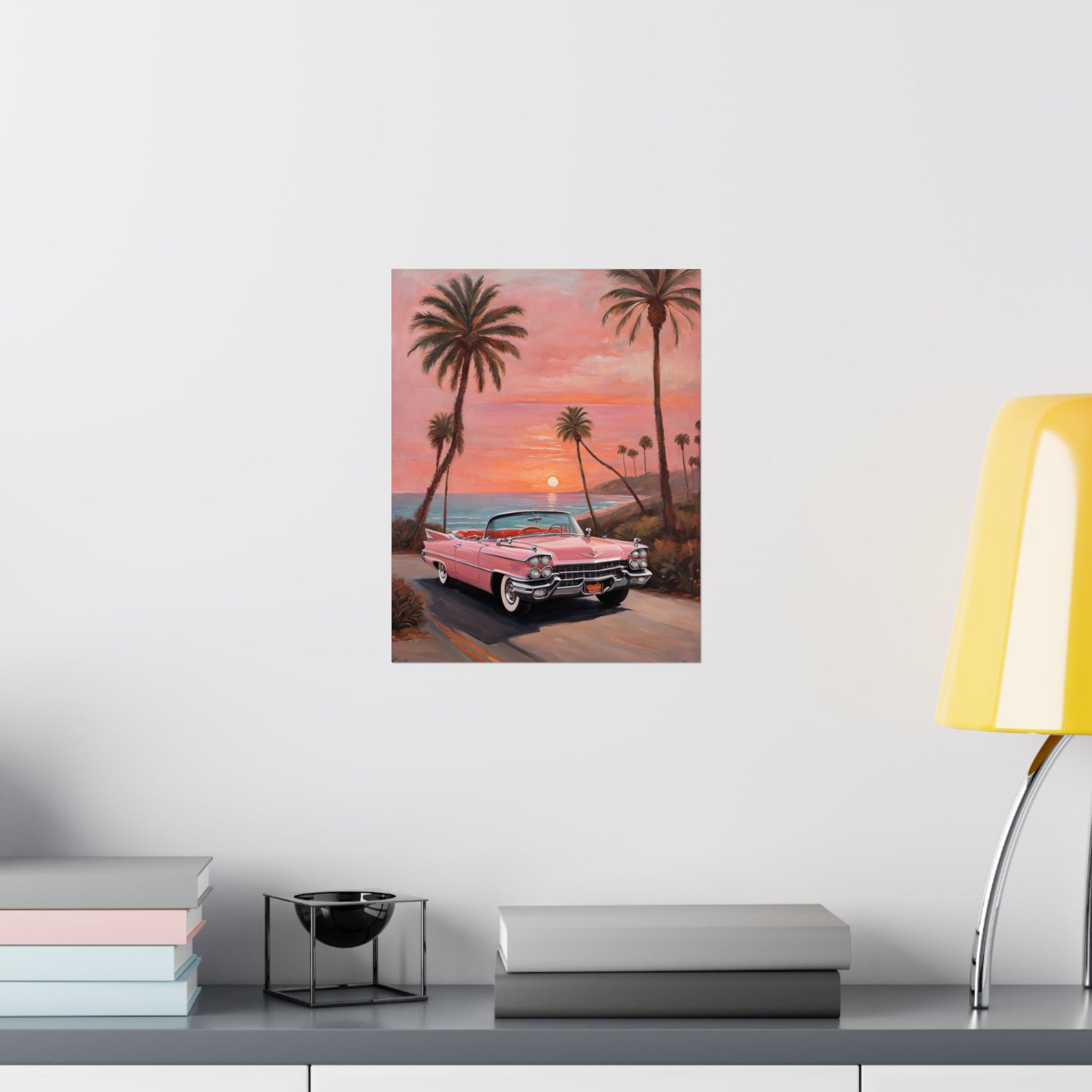 Retro Sunset Poster featuring a vintage pink car with palm trees at sunset