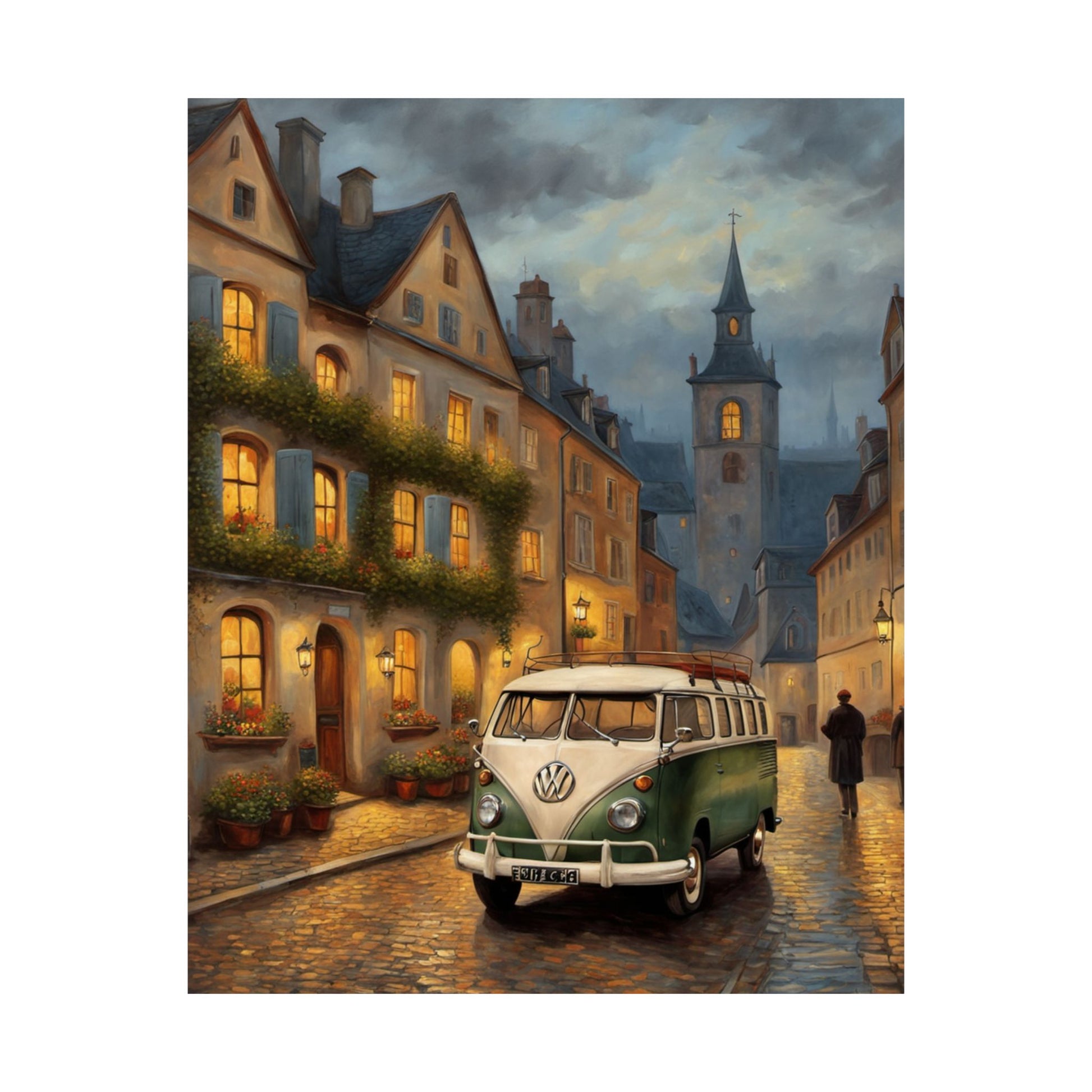 Retro Van Bus Matte Vertical Poster featuring a vintage VW bus on a cobblestone street at dusk