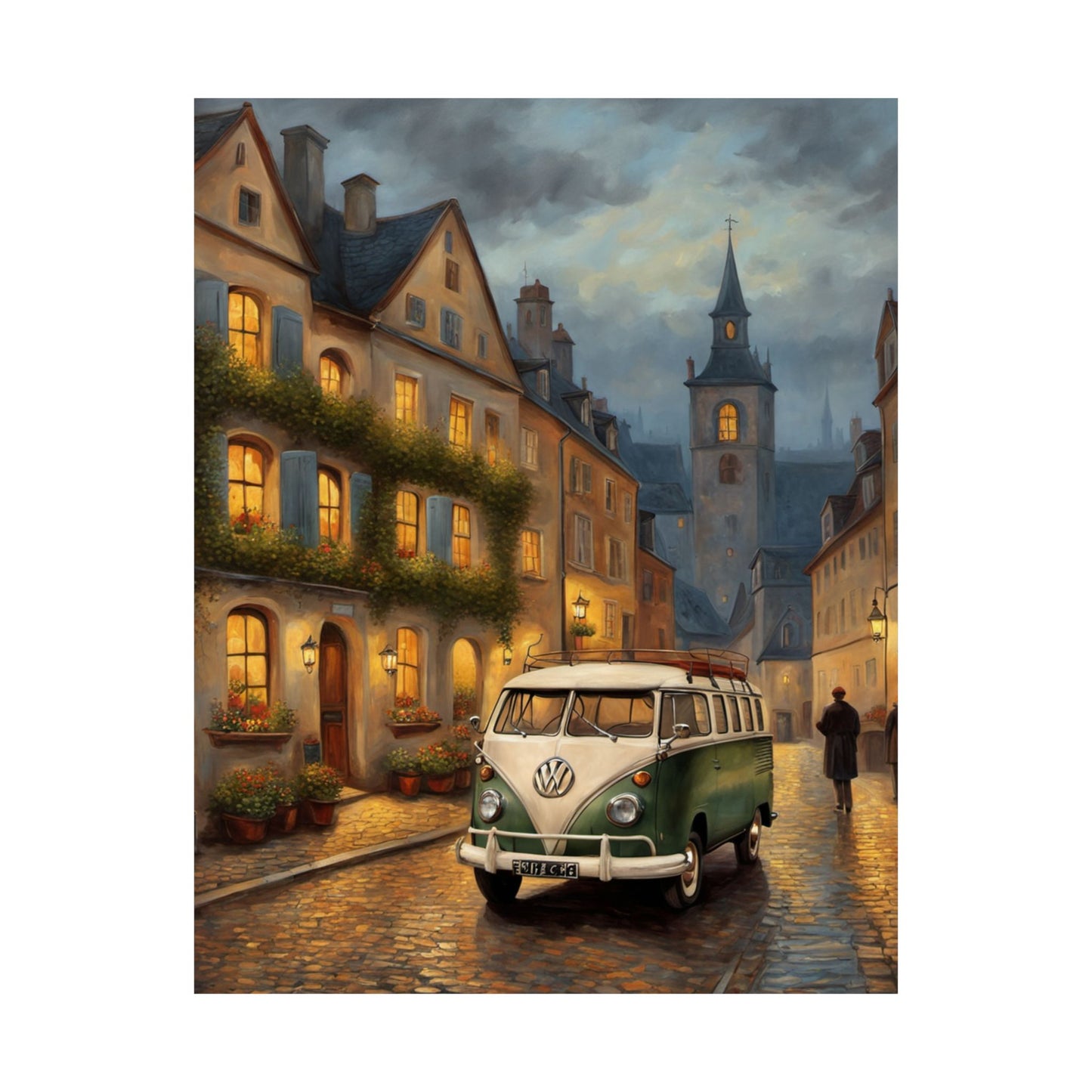 Retro Van Bus Matte Vertical Poster featuring a vintage VW bus in a charming European street scene