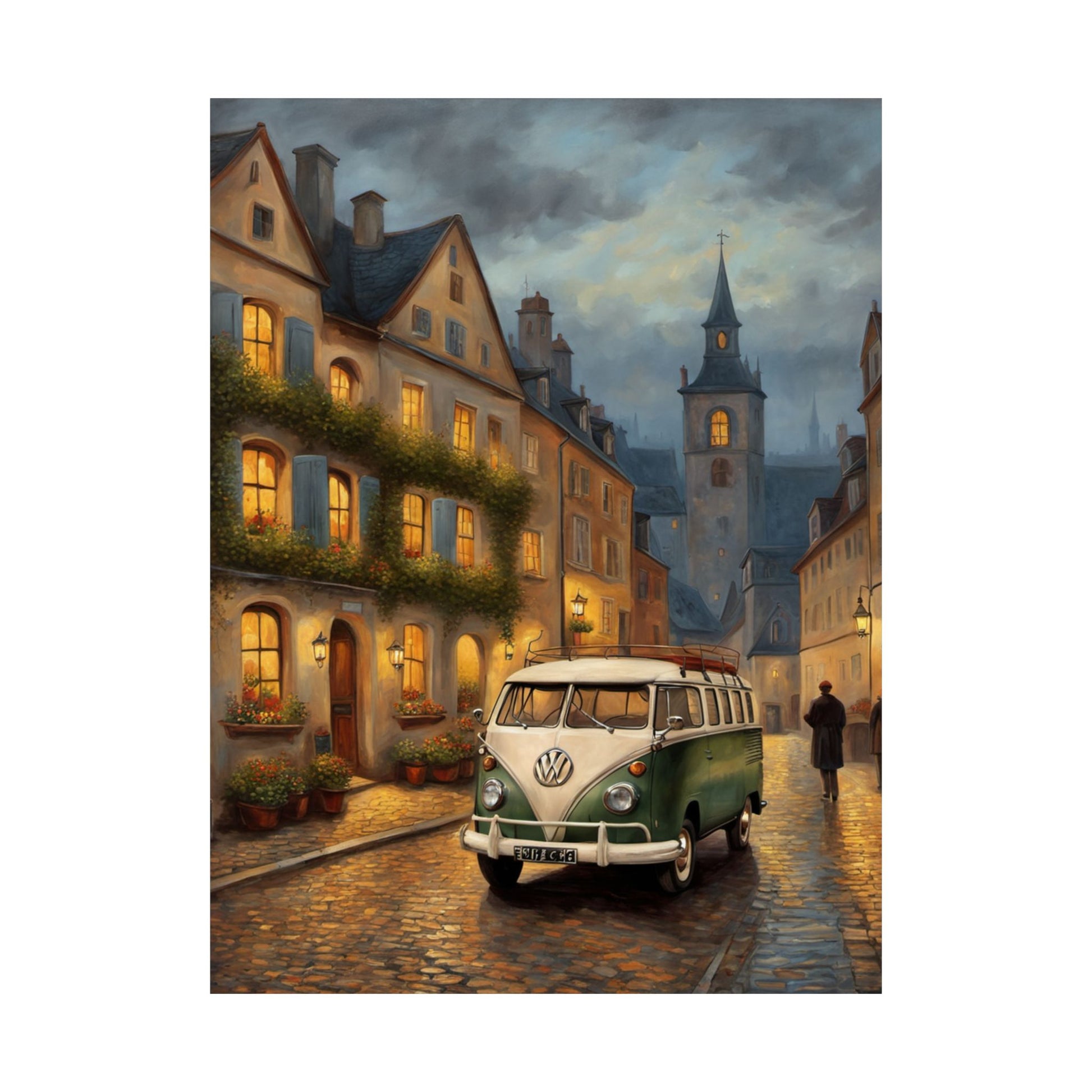 Retro Van Bus Matte Vertical Poster featuring a classic VW van in a picturesque European town