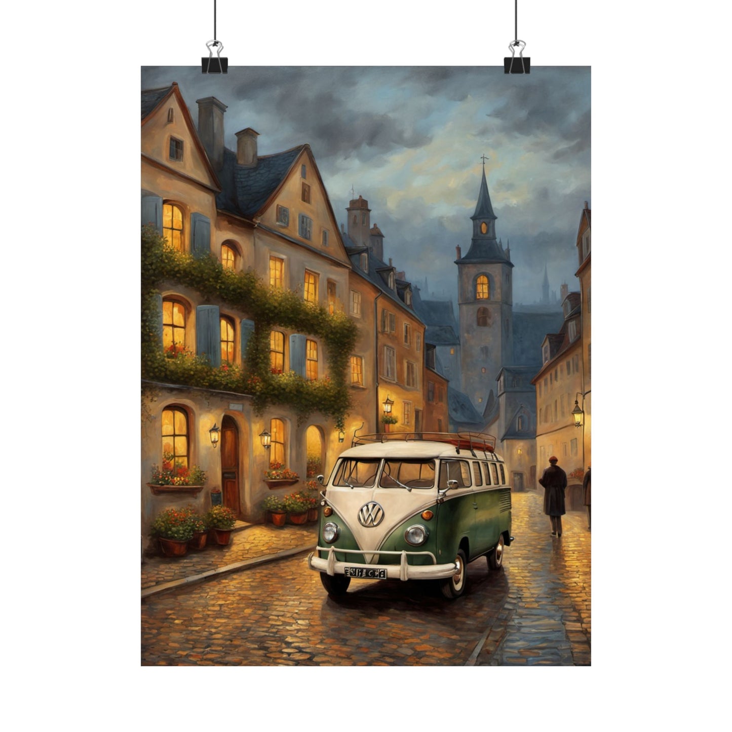 Retro Van Bus Matte Vertical Poster featuring a nostalgic bus in a charming street scene at dusk
