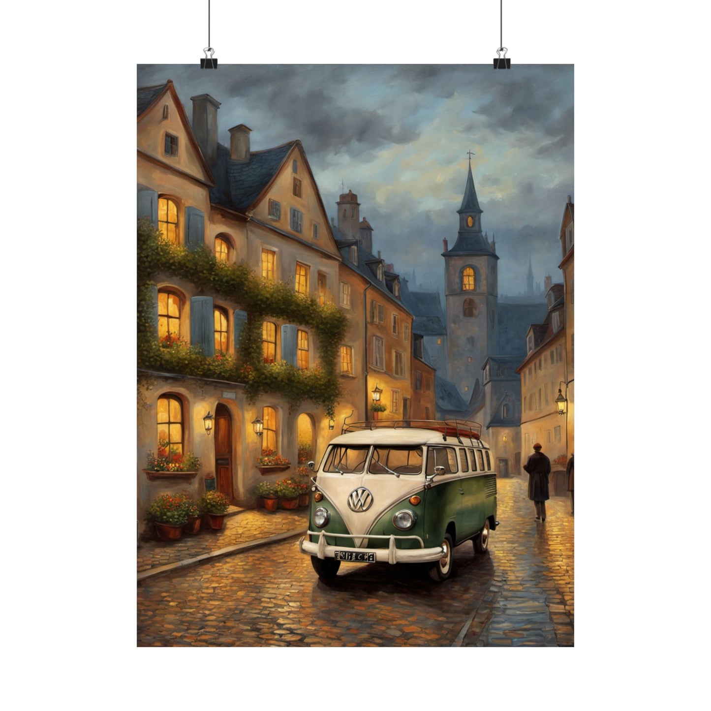 Retro Van Bus Matte Vertical Poster featuring a vintage bus in a charming street scene at dusk