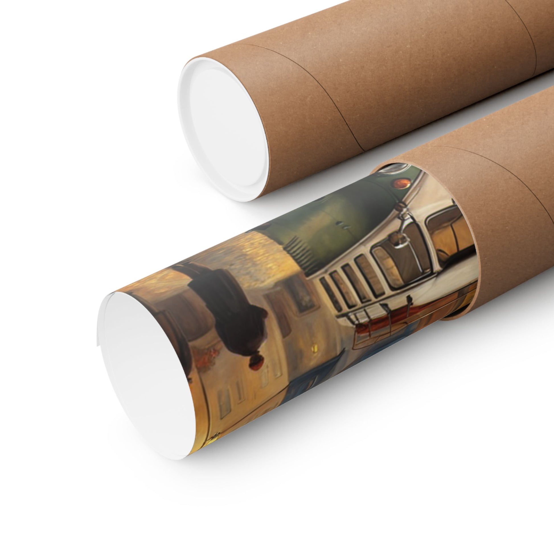Retro Van Bus Matte Vertical Poster rolled in a protective tube, showcasing vibrant artwork