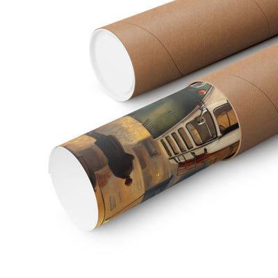 Retro Van Bus Matte Vertical Poster rolled in a protective tube, showcasing vibrant artwork