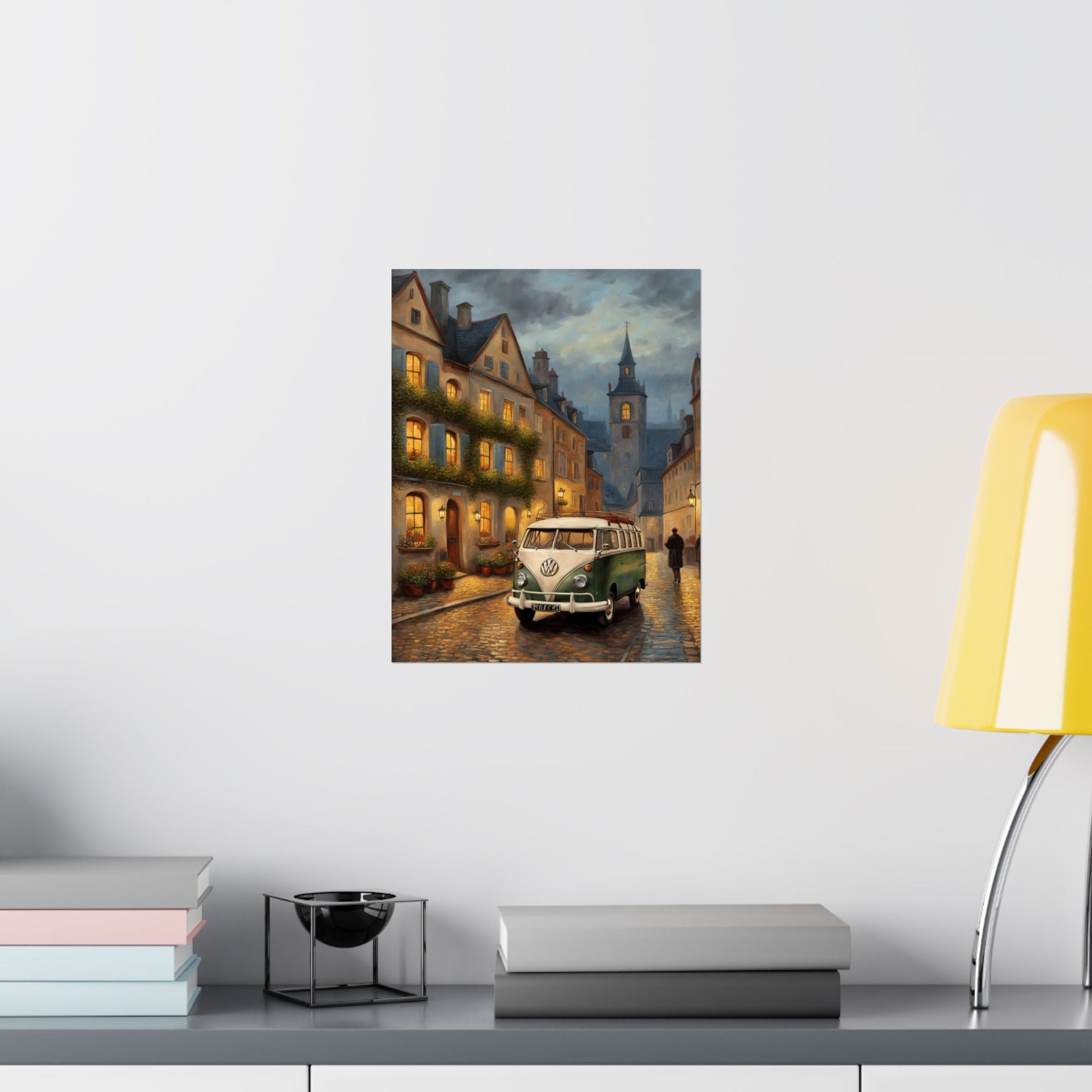 Retro Van Bus Matte Vertical Poster featuring a vintage van in a picturesque street scene