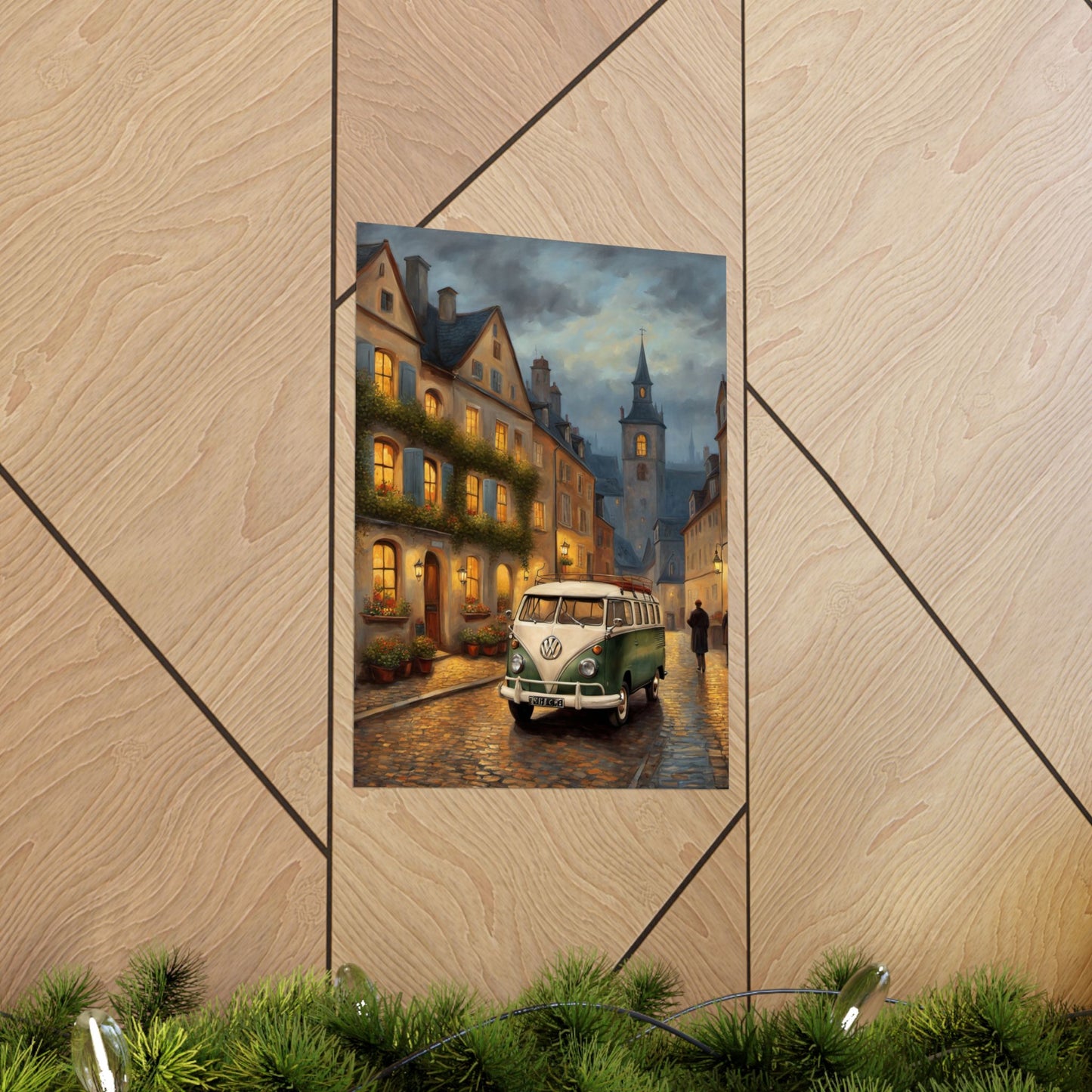 Artistic Retro Van Bus Matte Vertical Poster featuring a vintage van on a cobblestone street