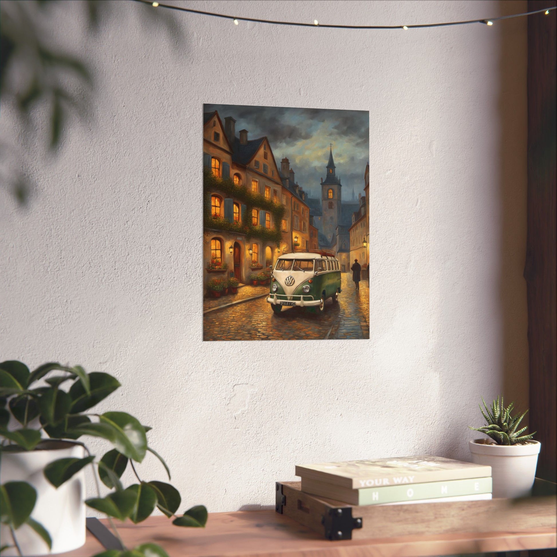 Retro Van Bus Matte Vertical Poster depicting a vintage bus in a charming city street scene