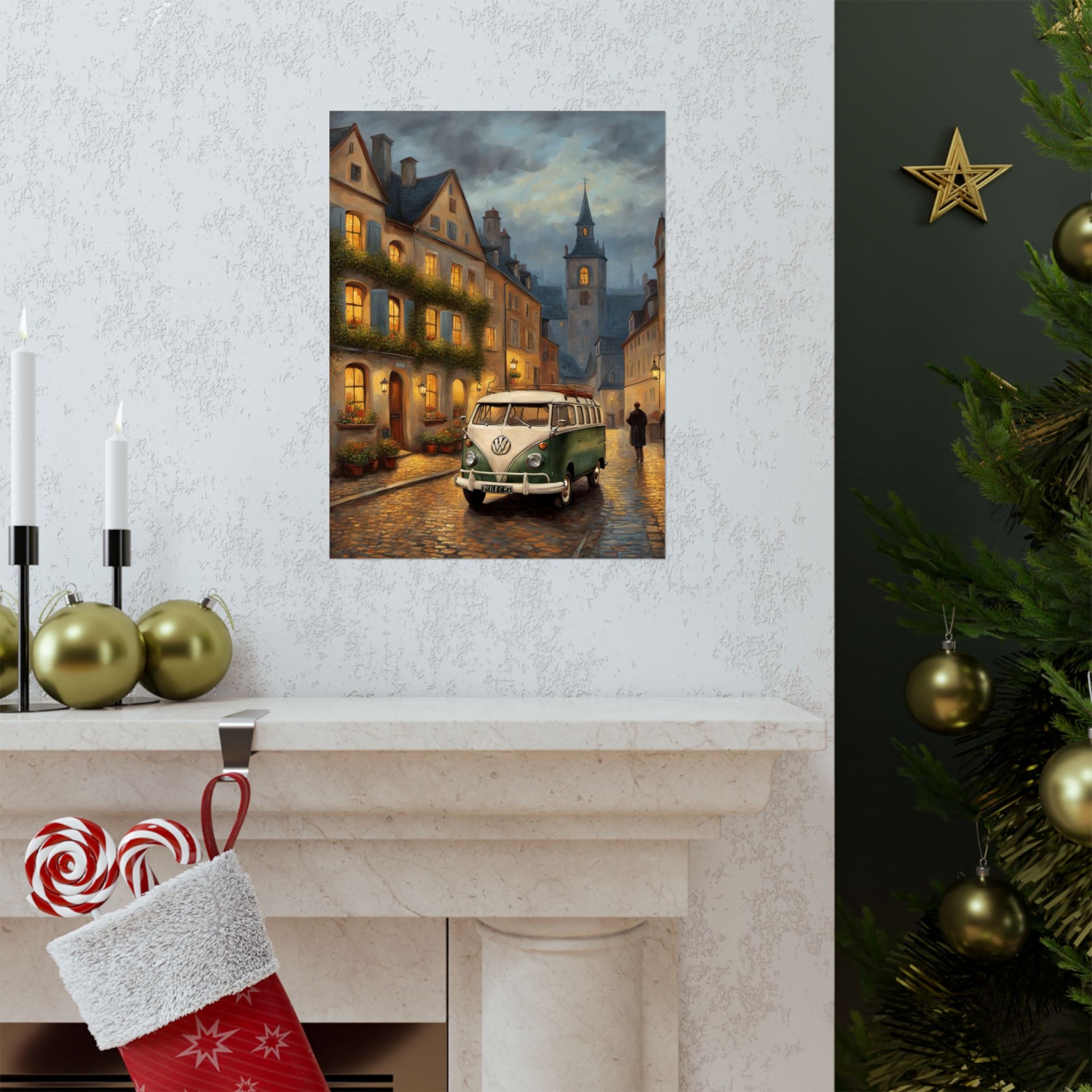 Retro Van Bus Matte Vertical Poster showcasing a vintage van in a charming street setting