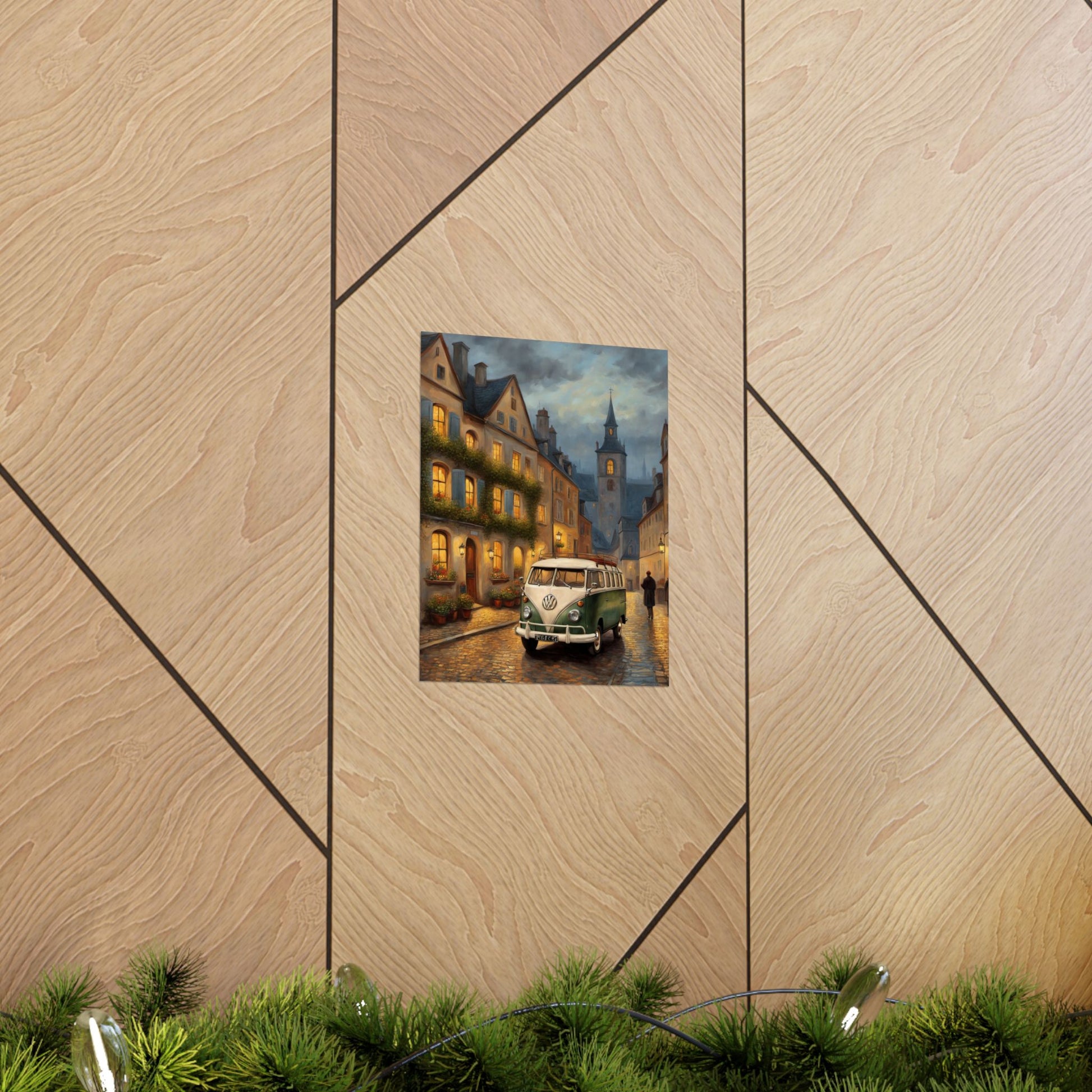 Retro Van Bus Matte Vertical Poster featuring a vintage van in a quaint street scene