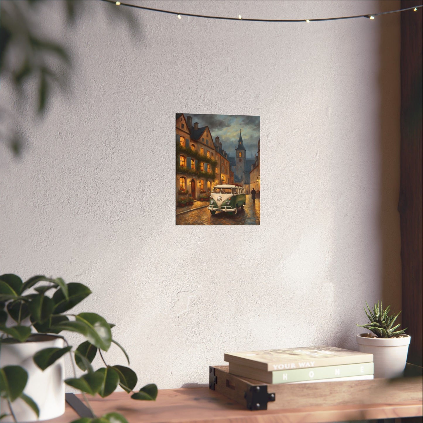 Retro Van Bus Matte Vertical Poster featuring a vintage scene of a van on a charming street