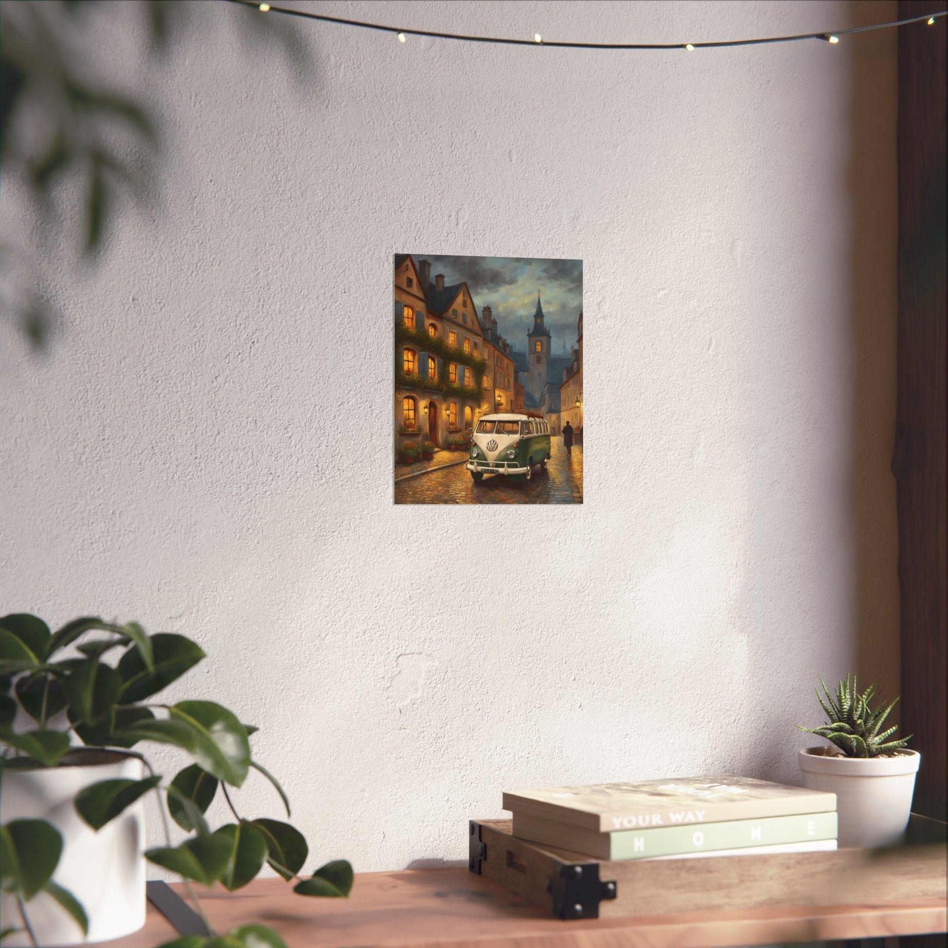Retro Van Bus Matte Vertical Poster featuring a vintage scene of a van on a charming street