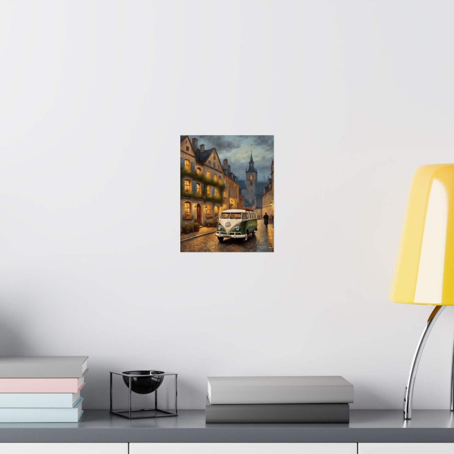 Retro Van Bus Matte Vertical Poster featuring a classic van on a cobblestone street at dusk