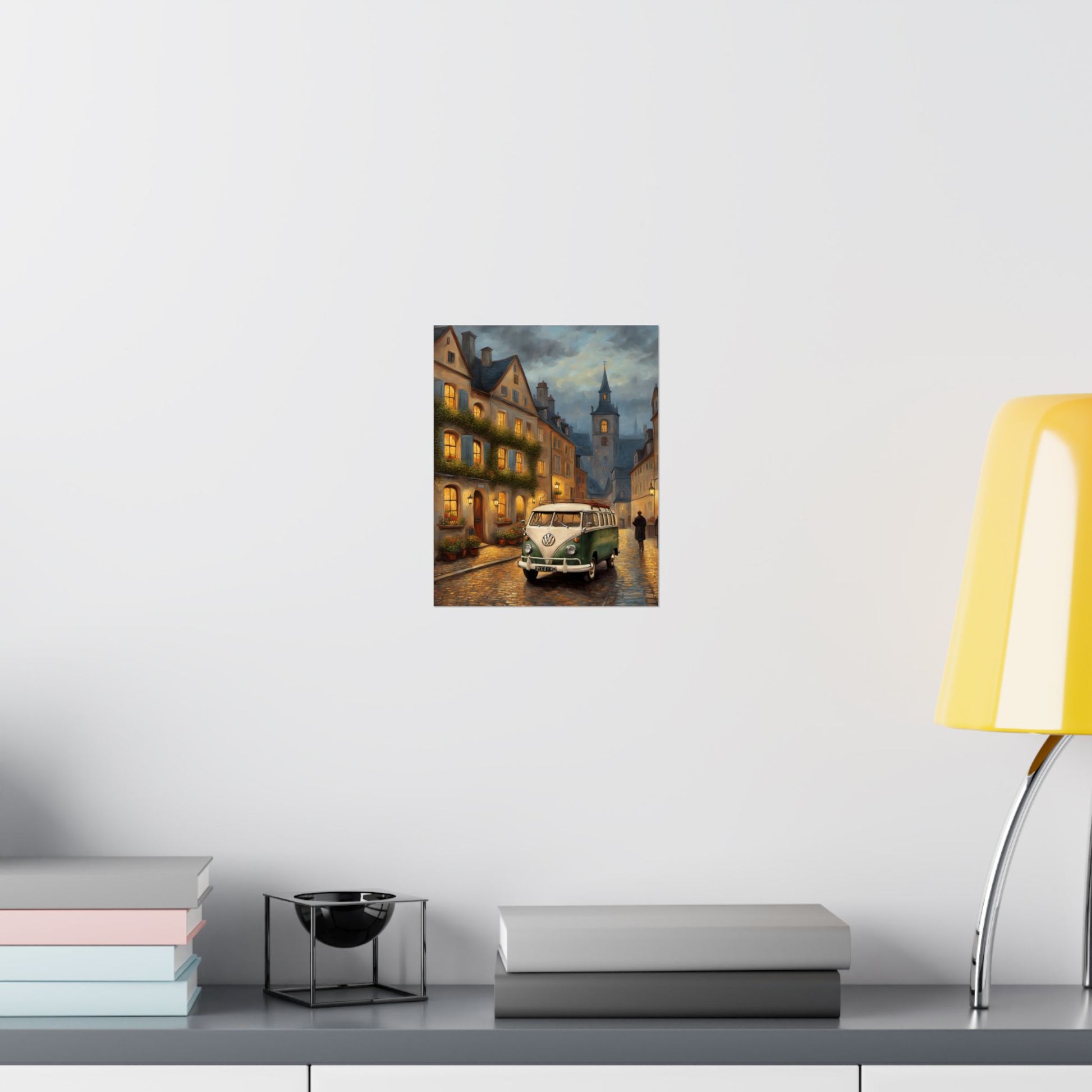 Retro Van Bus Matte Vertical Poster featuring a classic van on a cobblestone street at dusk
