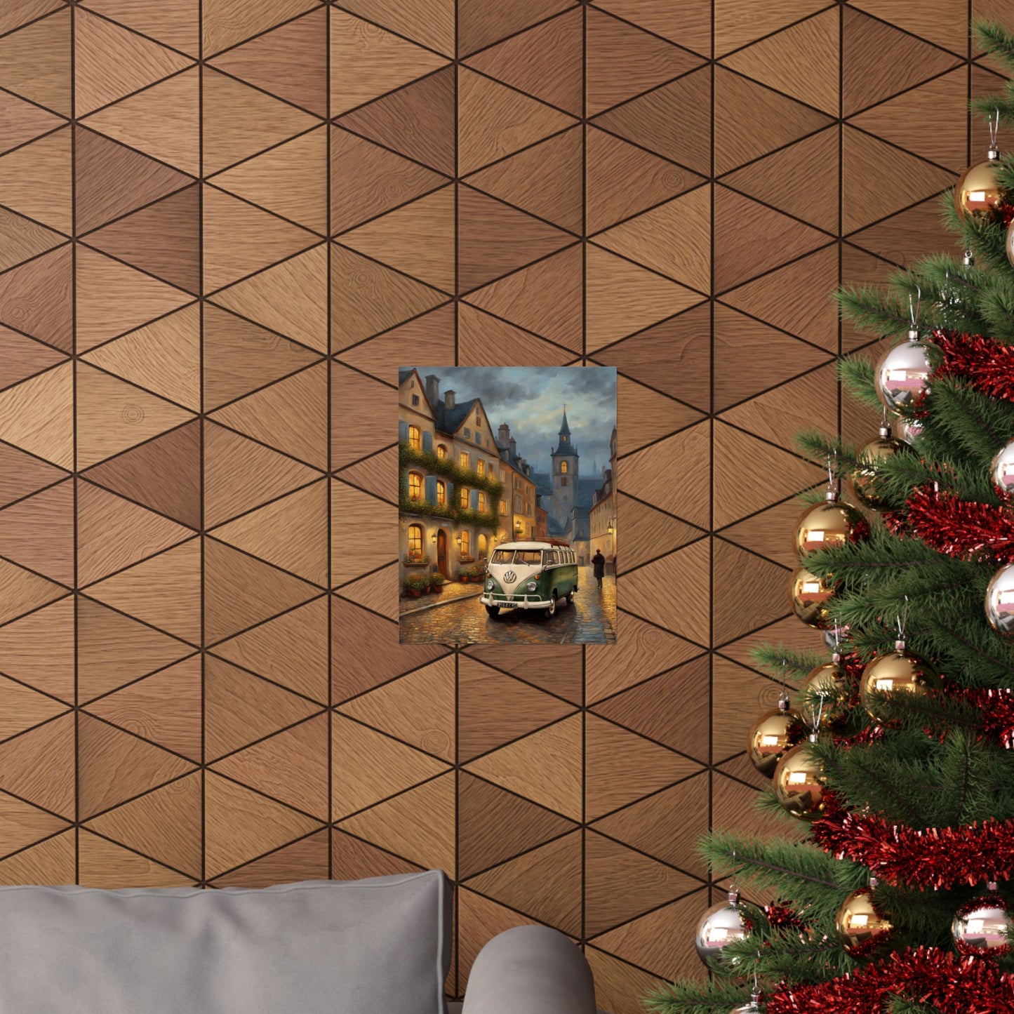 Retro Van Bus Matte Vertical Poster displayed on a geometric wood panel wall with a Christmas tree