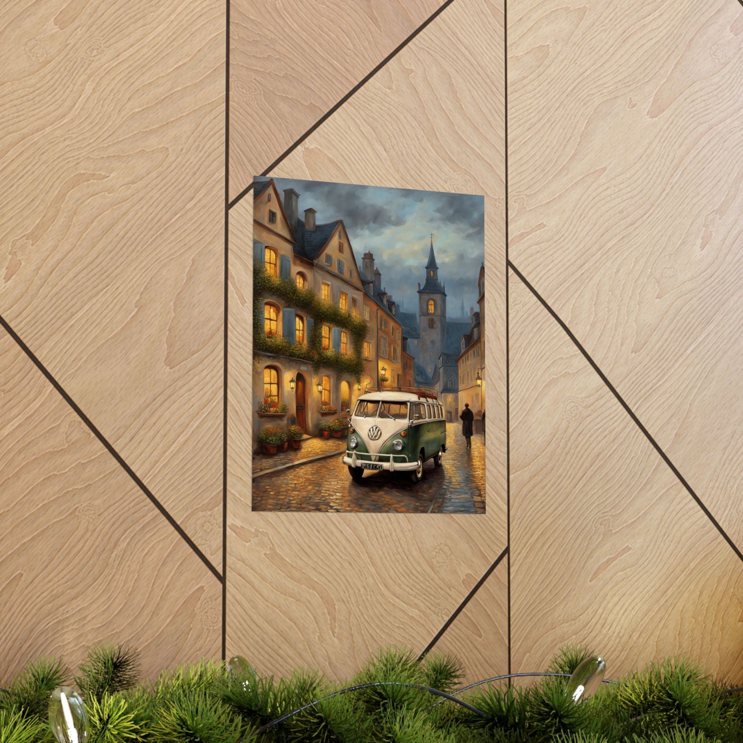 Artistic Retro Van Bus Matte Vertical Poster featuring vintage van in a scenic town setting