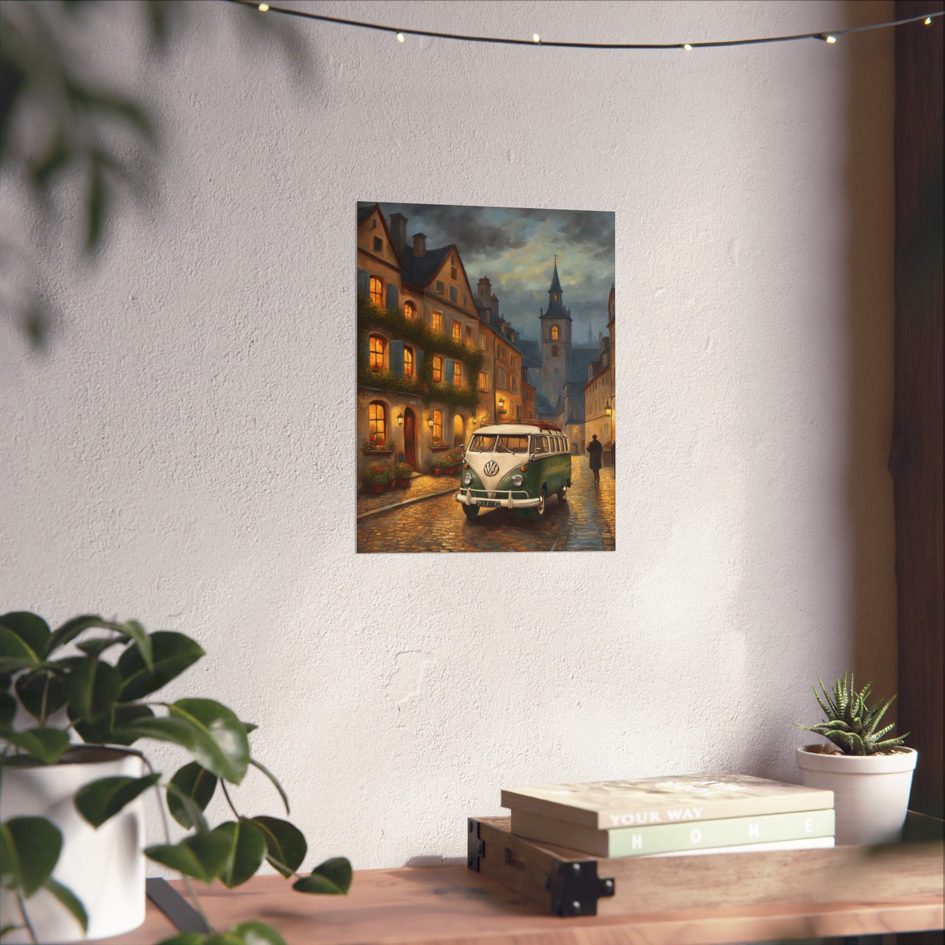 Retro Van Bus Matte Vertical Poster showcasing a vintage van in a scenic evening street setting