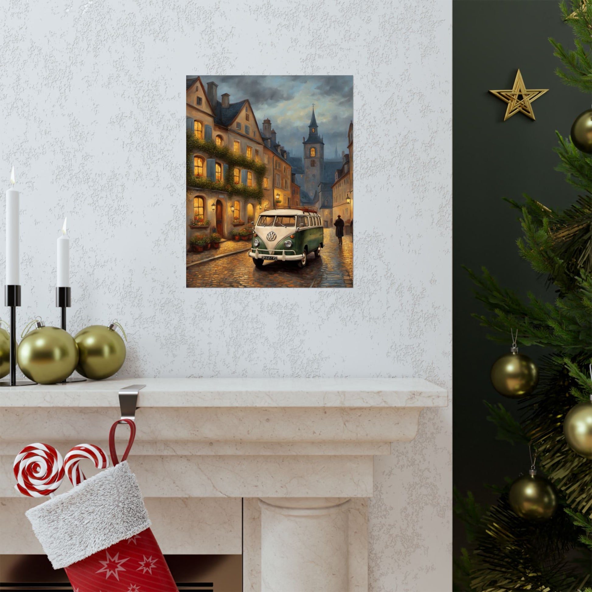 Retro Van Bus Matte Vertical Poster featuring a vintage van in a charming urban setting