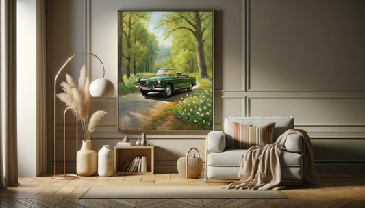 AquilVision green vintage car art print framed in a living room above a sofa with neutral decor