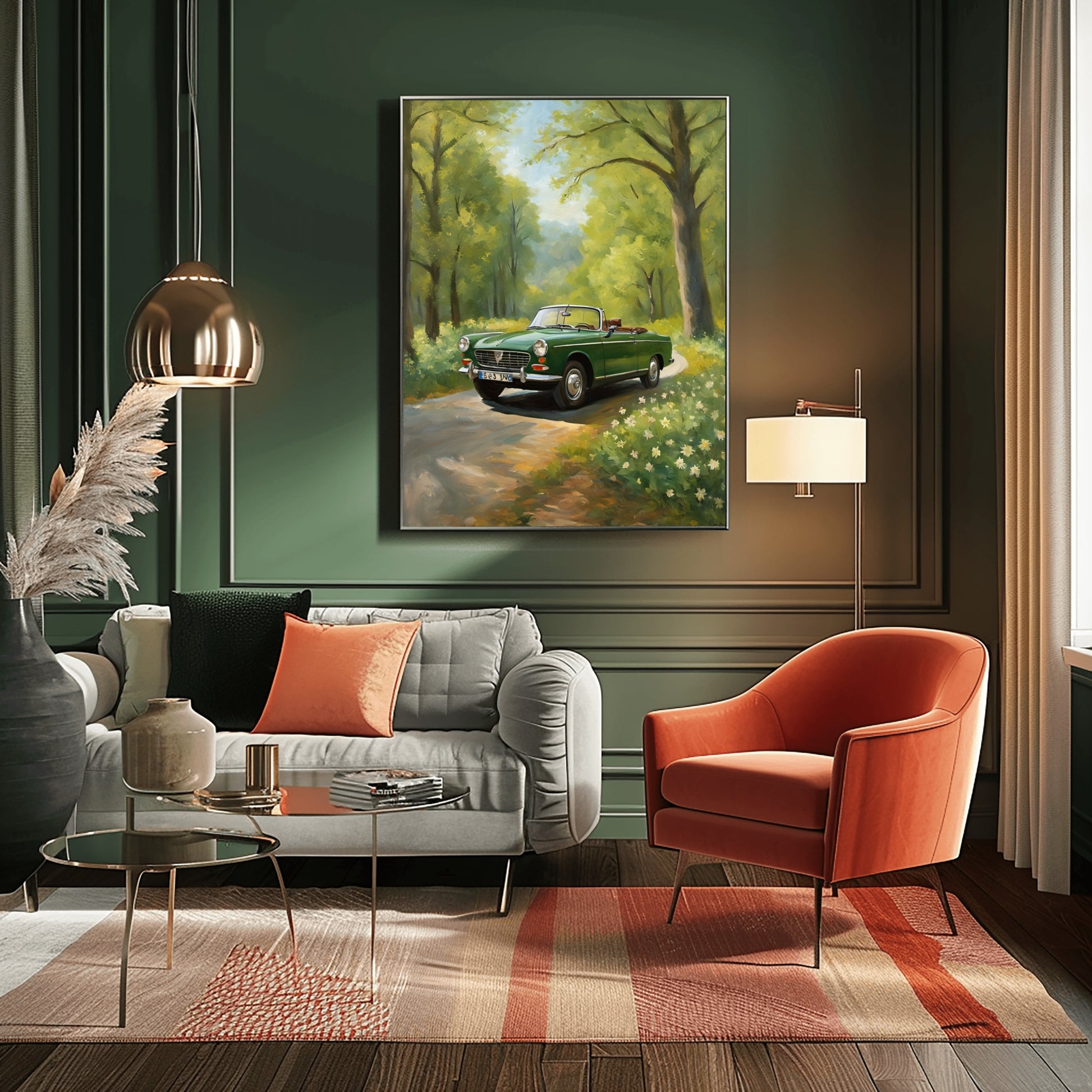 AquilVision digital green vintage car art print framed above sofa showing convertible on sunlit forest road