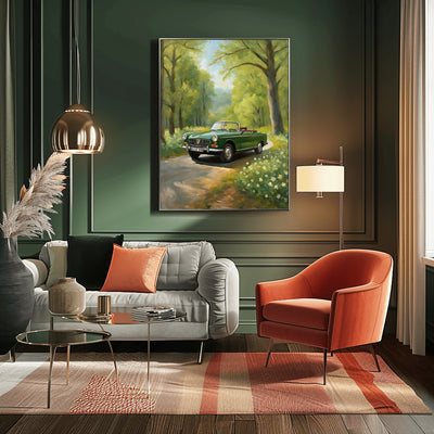AquilVision digital green vintage car art print framed above sofa showing convertible on sunlit forest road