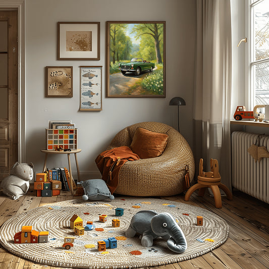 AquilVision digital green vintage car art print hung above wicker chair in cozy childrens playroom with toys