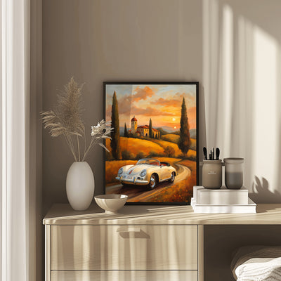 Roadster oil painting for living room showing vintage car on country road with sunset background