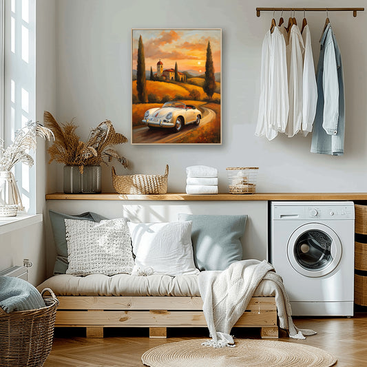 Roadster oil painting for living room above couch in bright modern laundry room with wooden bench and washing machine