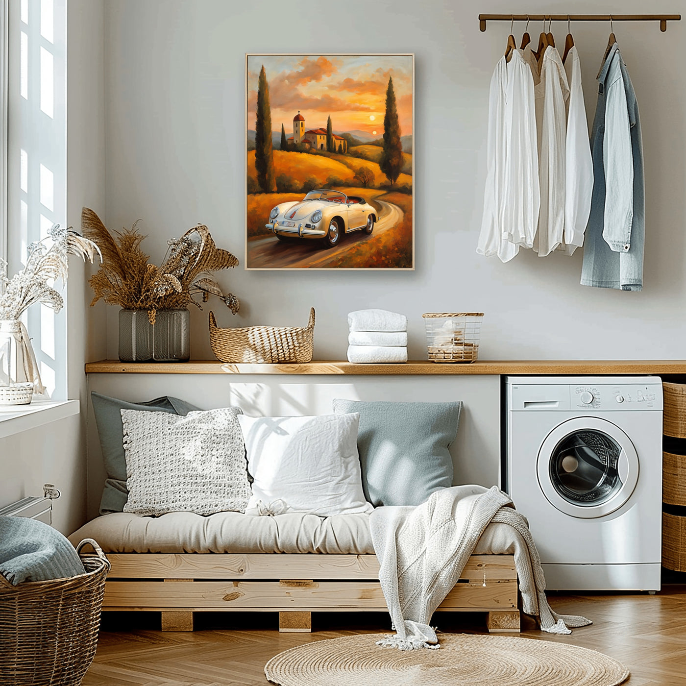 Roadster oil painting for living room above couch in bright modern laundry room with wooden bench and washing machine