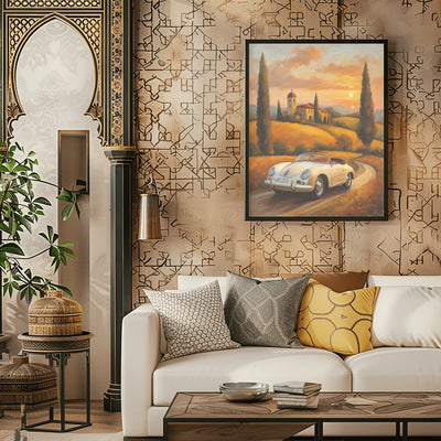 Framed roadster oil painting for living room featuring a vintage car on a scenic countryside road above a white sofa