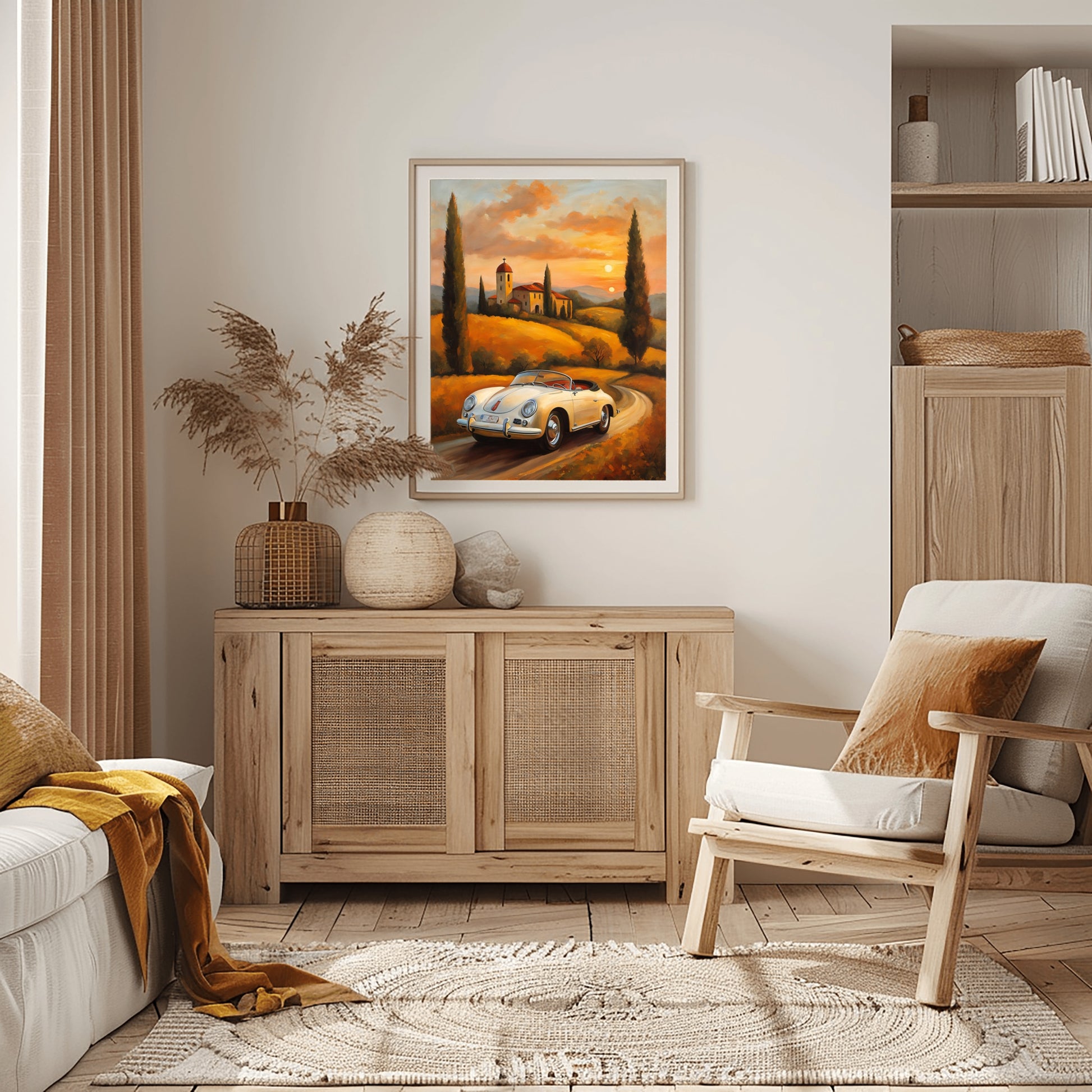 AquilVision roadster oil painting for living room featuring a vintage car on a winding road at sunset