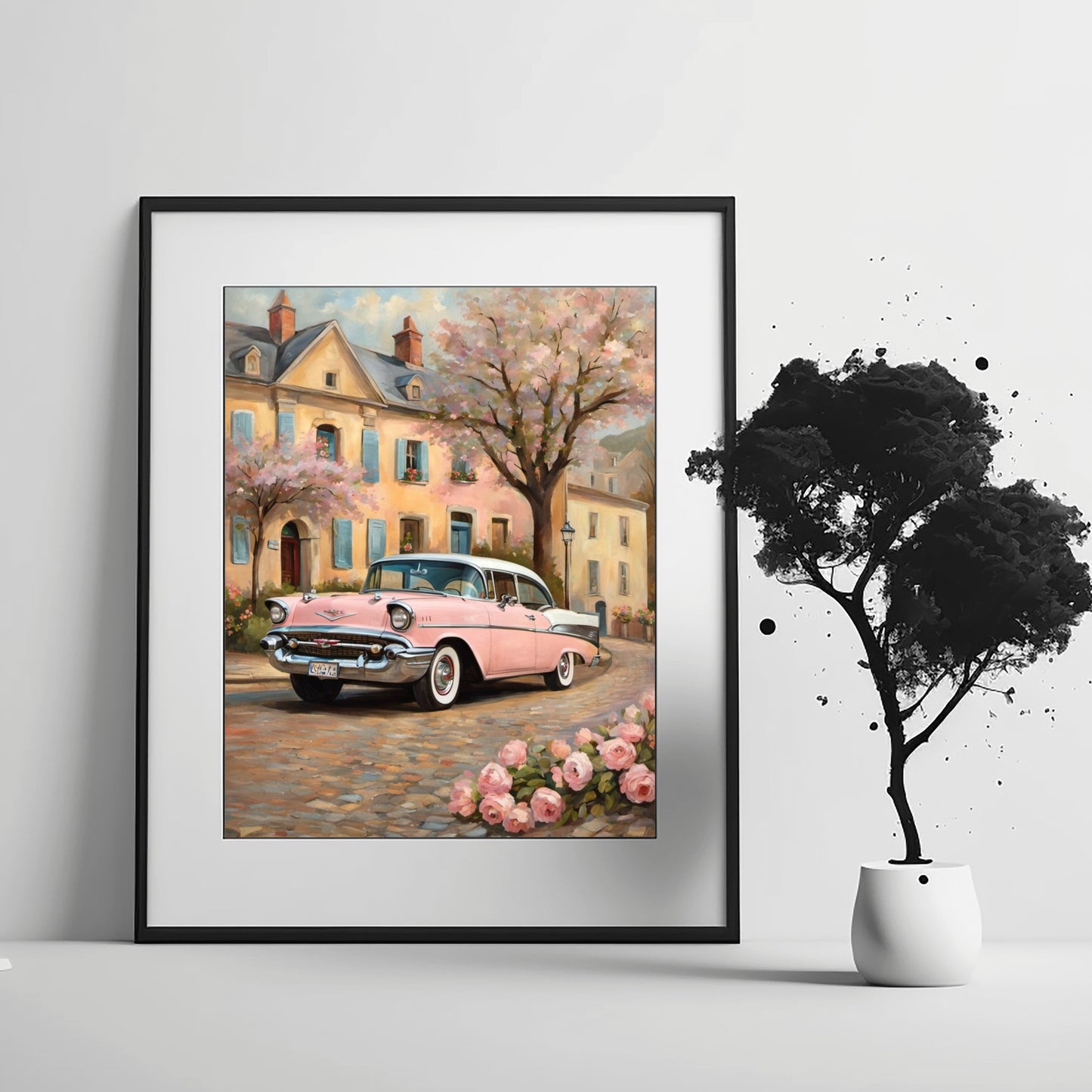Romantic floral wall decor featuring a vintage pink car and blooming trees in a charming street scene