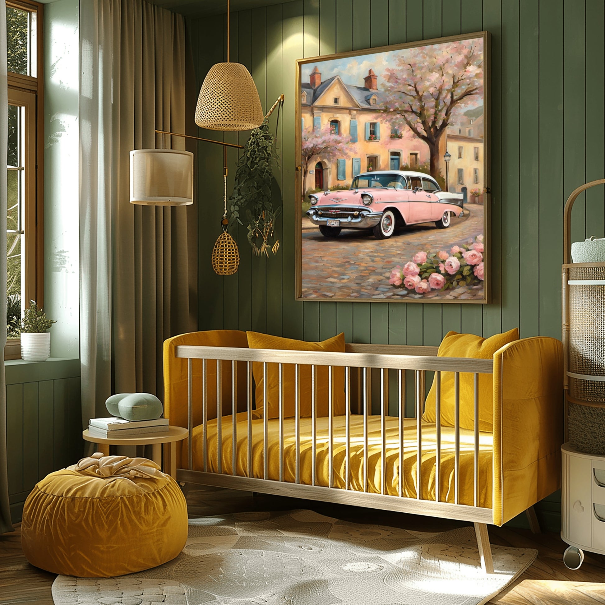Romantic floral wall decor by AquilVision featuring a vintage car and blooming tree in a cozy living room
