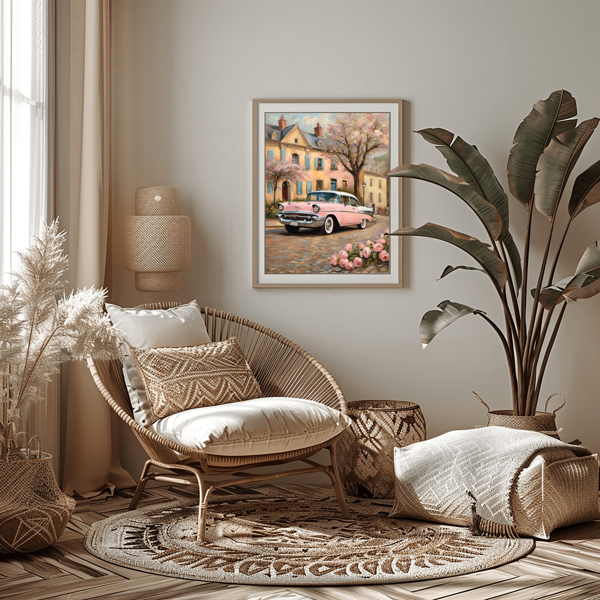Cozy living room featuring romantic floral wall decor by AquilVision with vintage car and blossoming tree