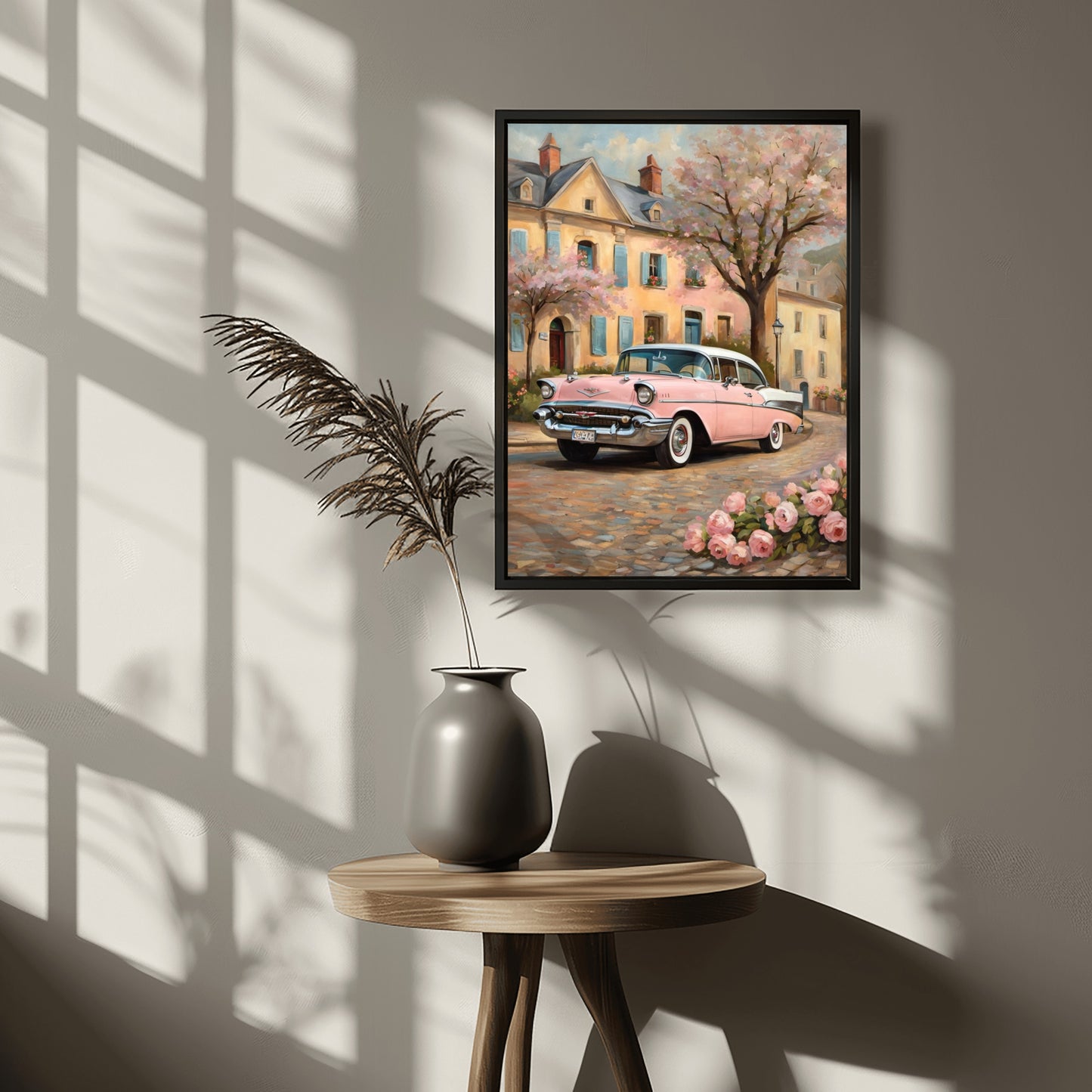 AquilVision digital art showing a vintage pink car and blooming tree as romantic floral wall decor