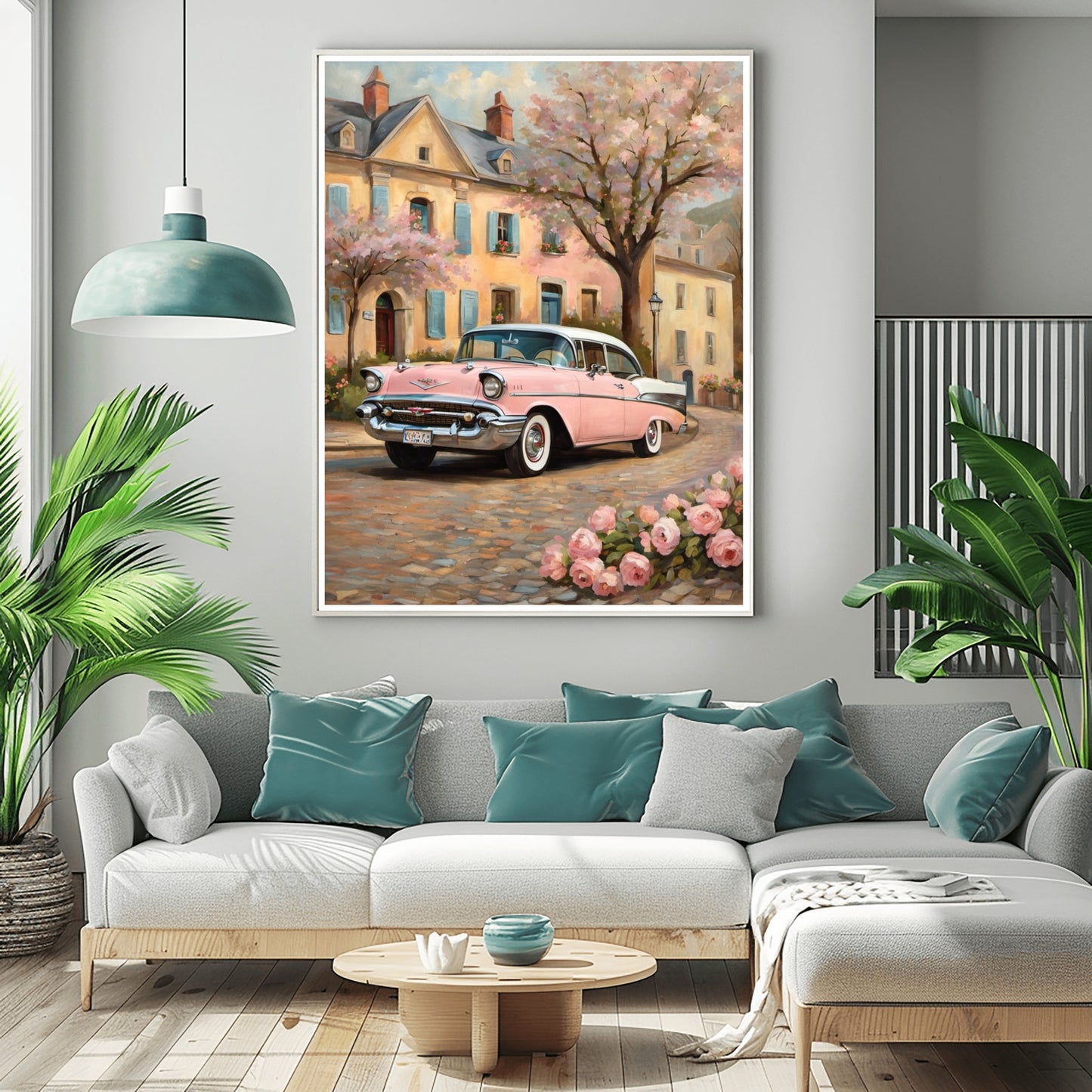AquilVision romantic floral wall decor featuring a vintage pink car and blooming trees in a cozy living room