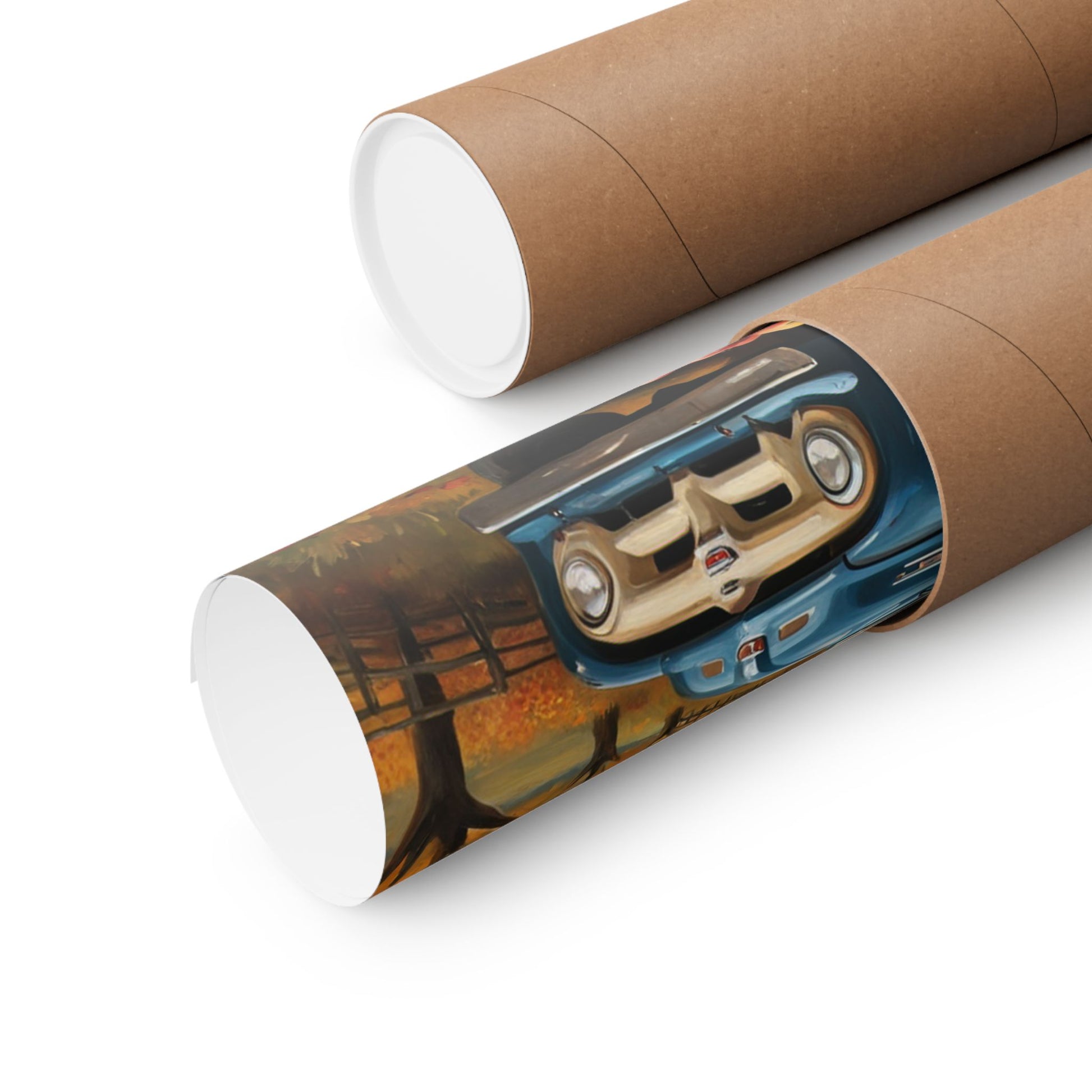 Rustic Autumn Poster rolled in a protective tube showcasing autumn leaves and a classic car design