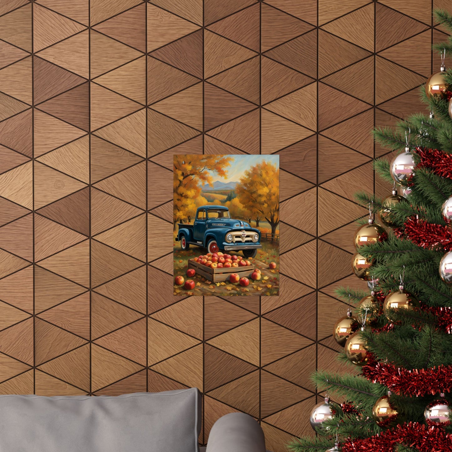 Rustic Autumn Poster featuring a vintage blue truck with autumn trees and apples in a cozy living room setting