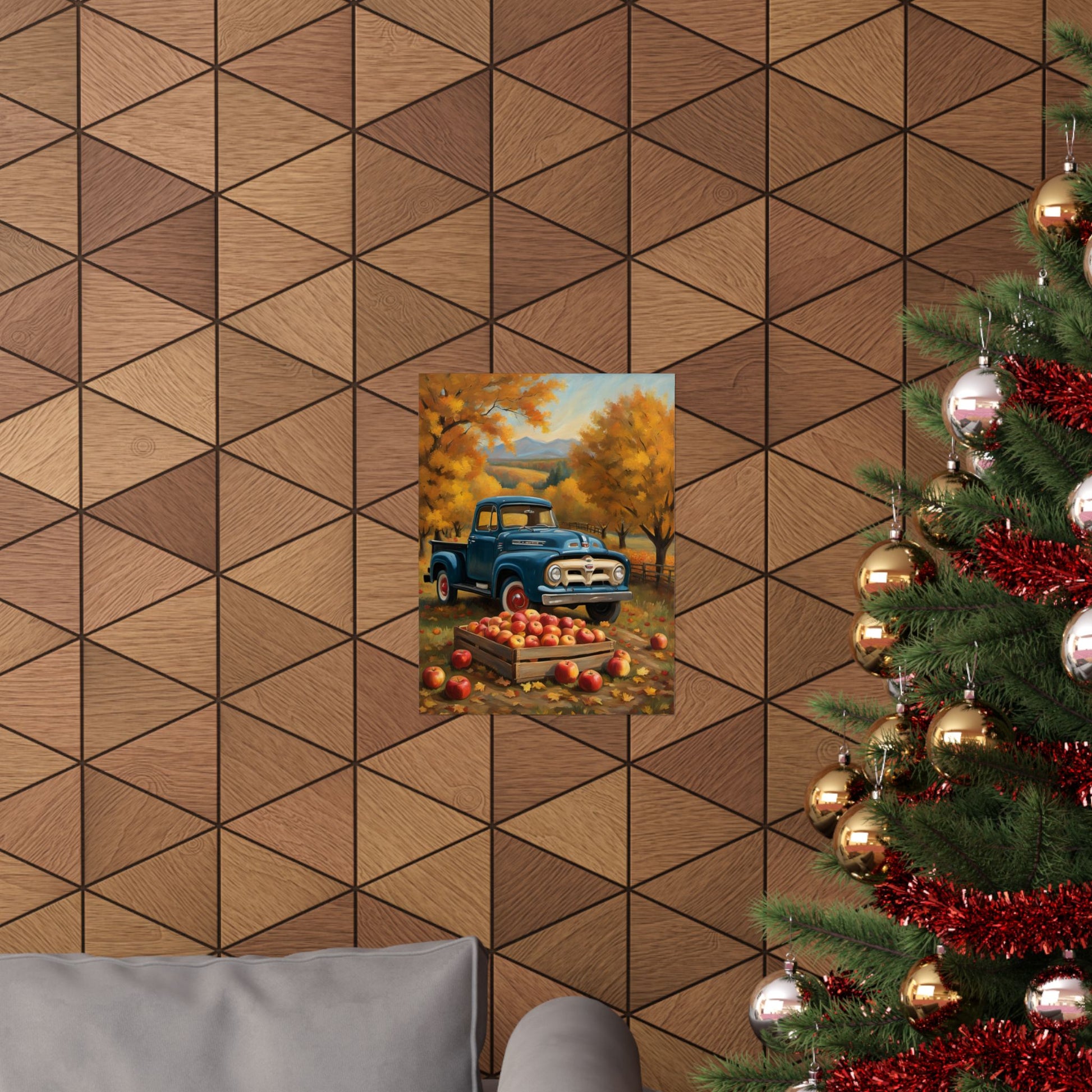 Rustic Autumn Poster featuring a vintage blue truck with autumn trees and apples in a cozy living room setting