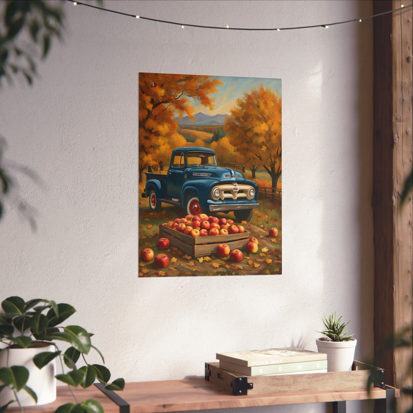 Rustic Autumn Poster featuring a blue truck amidst golden trees and apple crates
