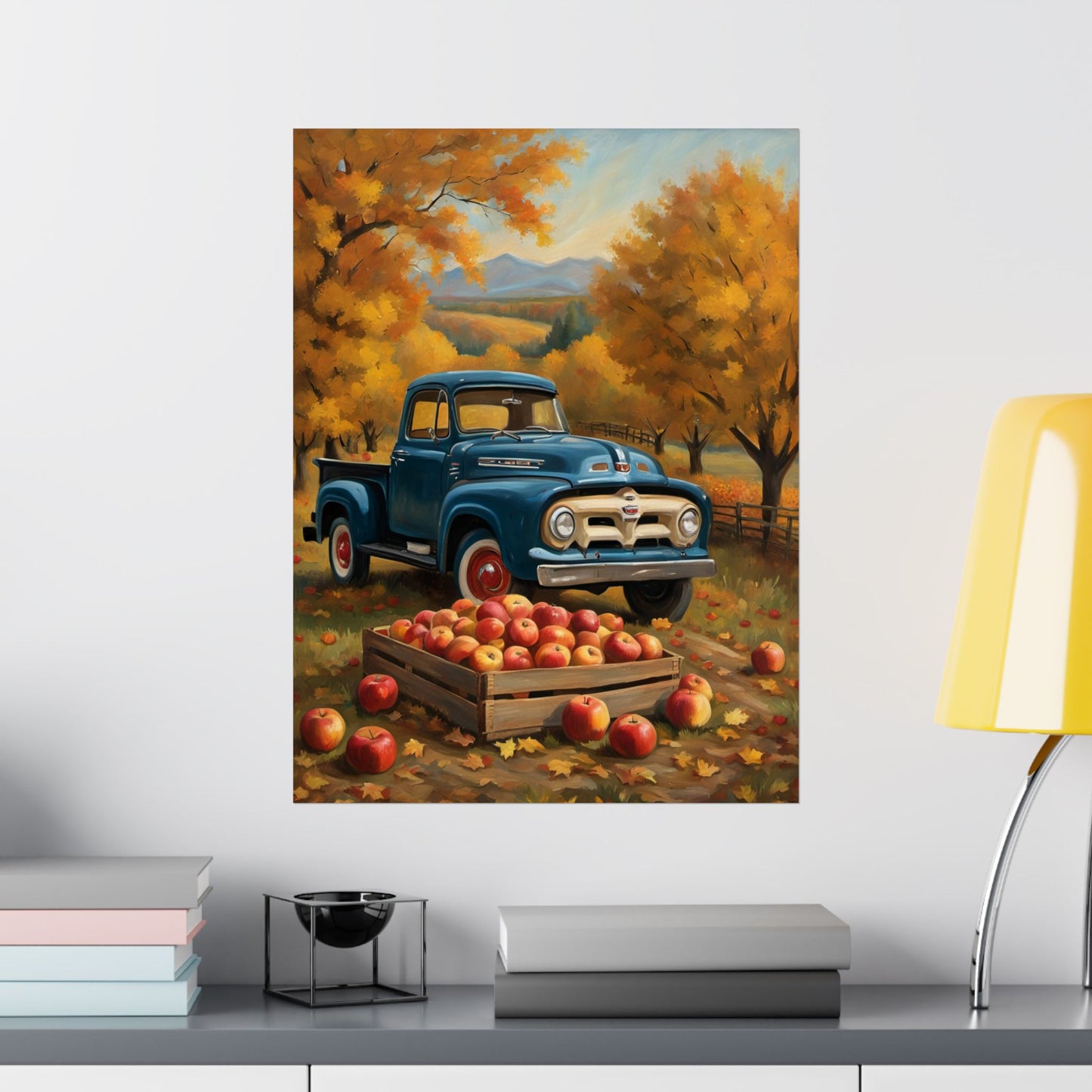 Rustic Autumn Poster featuring a blue vintage truck with apples in a wooden crate and autumn foliage