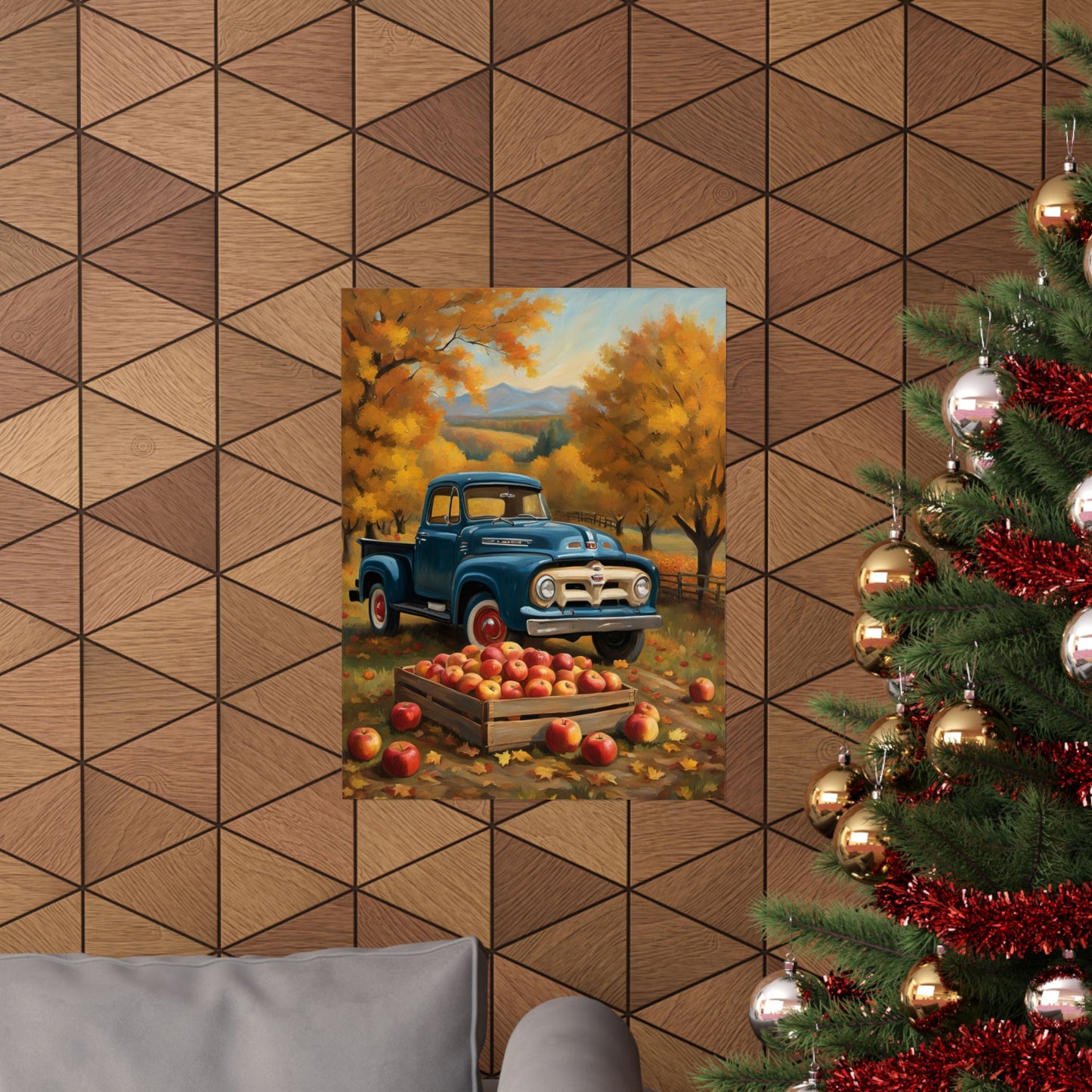 Rustic Autumn Poster featuring a vintage truck and apples in a picturesque fall landscape
