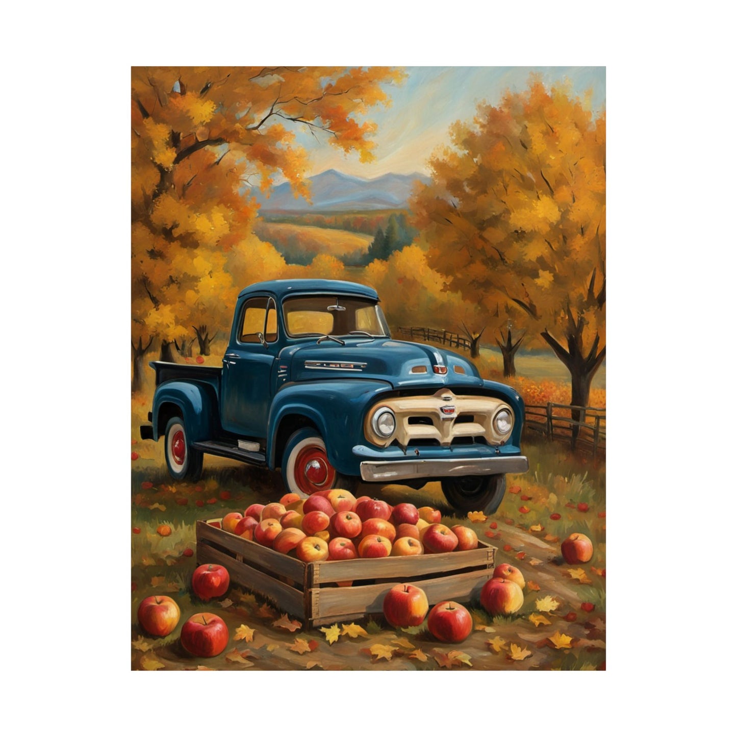Rustic Autumn Poster featuring a blue vintage truck and a crate of apples in a picturesque fall landscape