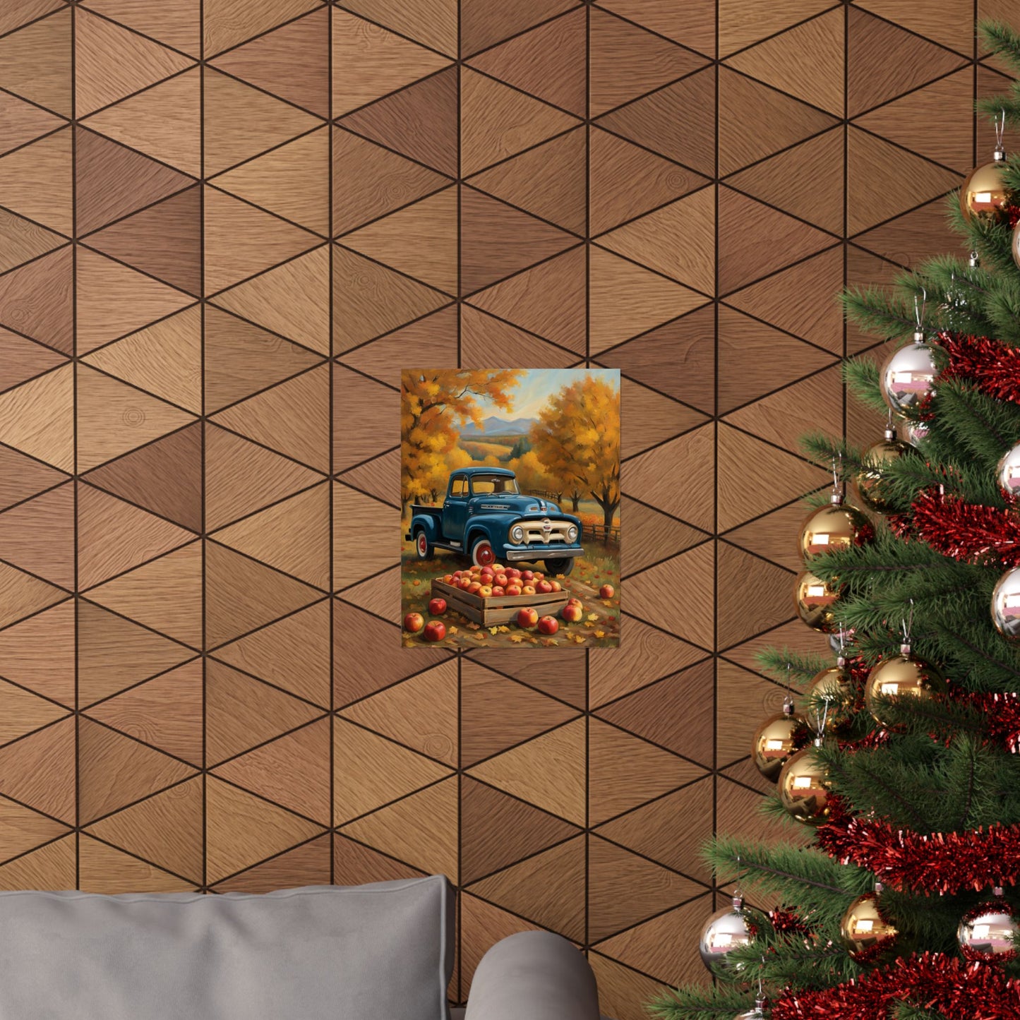 Rustic Autumn Poster featuring a vintage blue truck surrounded by fall leaves and apples