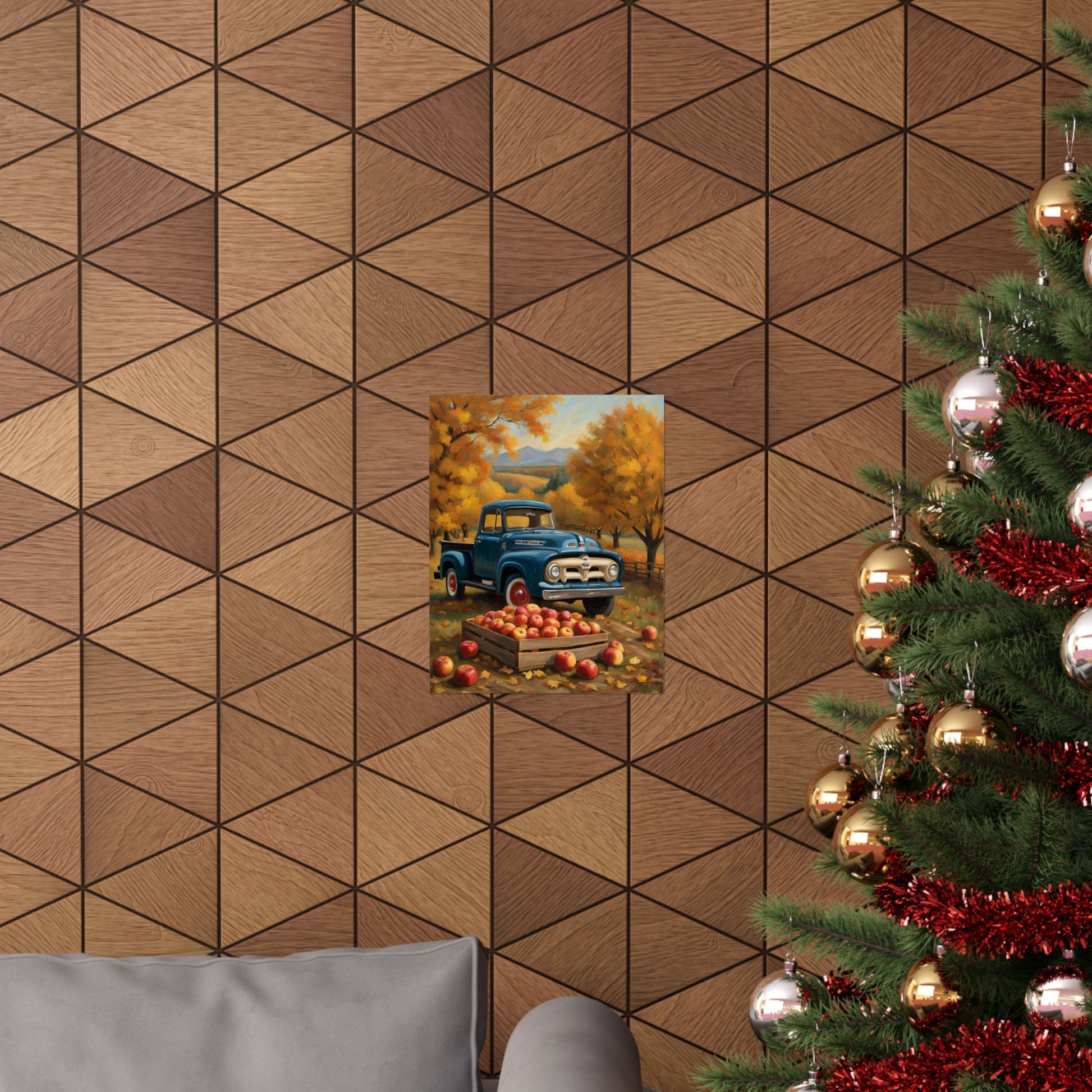 Rustic Autumn Poster featuring a vintage blue truck surrounded by fall leaves and apples