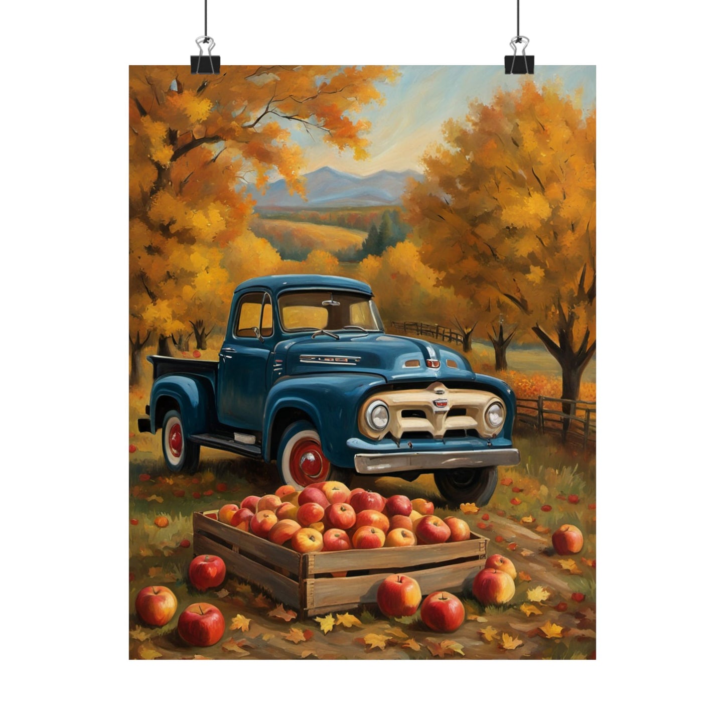 Rustic Autumn Poster featuring a blue vintage truck surrounded by apple crates and fall foliage