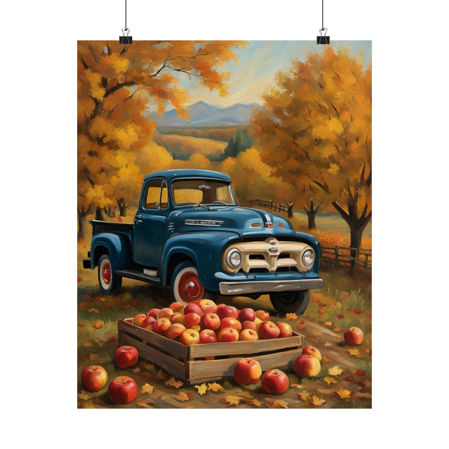 Rustic Autumn Poster featuring a vintage blue truck in a fall landscape with apple crates