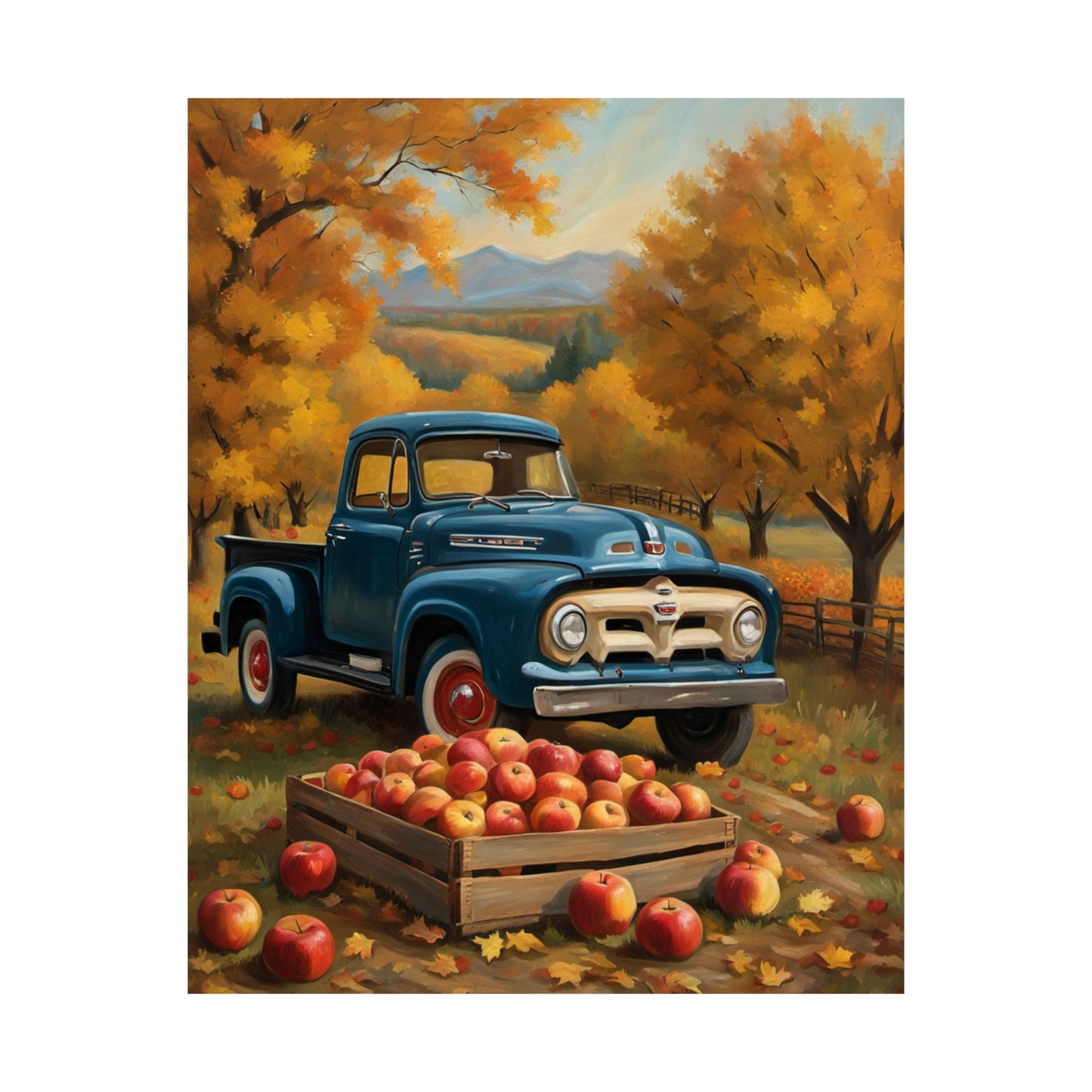 Rustic Autumn Poster featuring a vintage blue truck surrounded by orange fall foliage and apple crates
