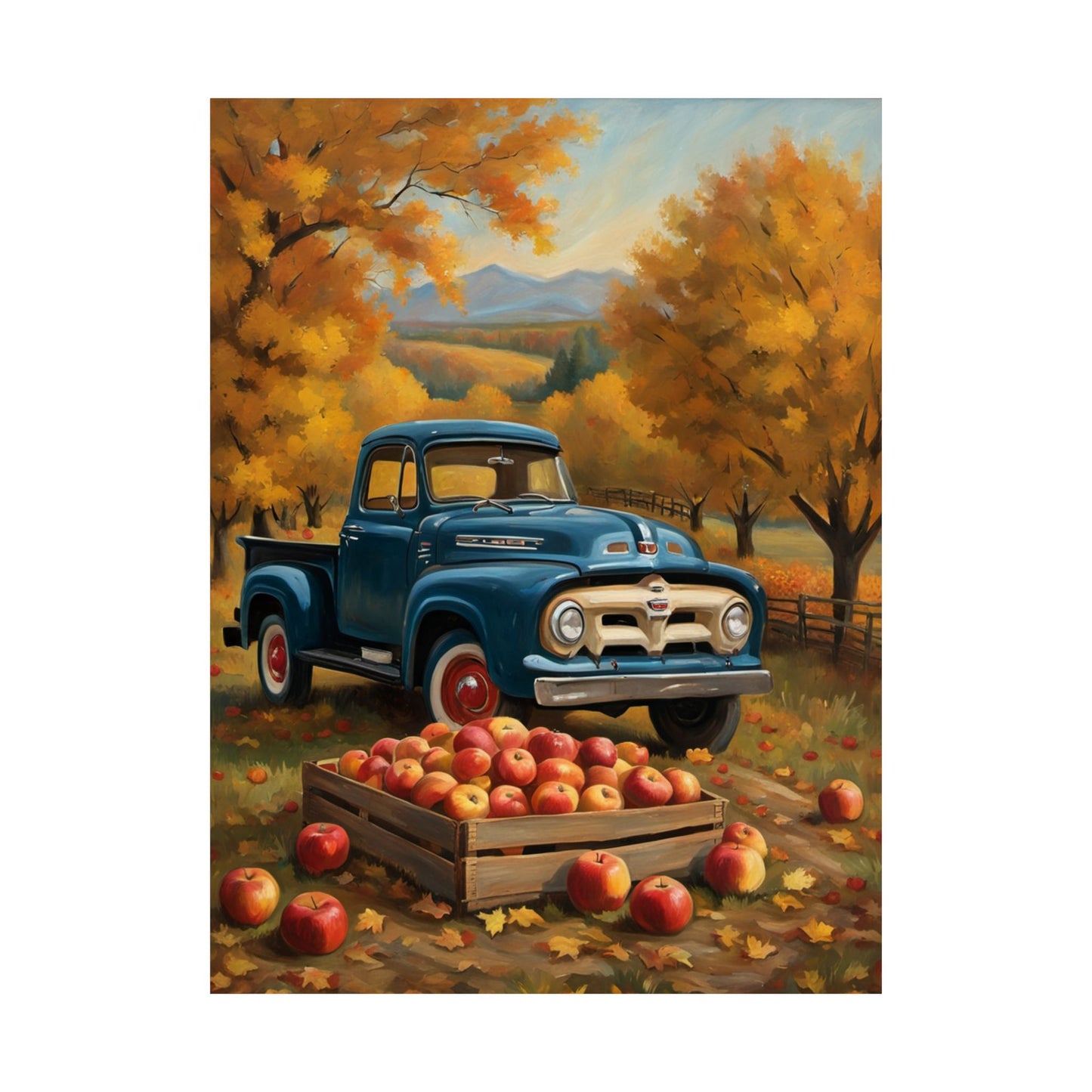 Rustic Autumn Poster featuring a blue vintage truck and a crate of apples in a fall landscape